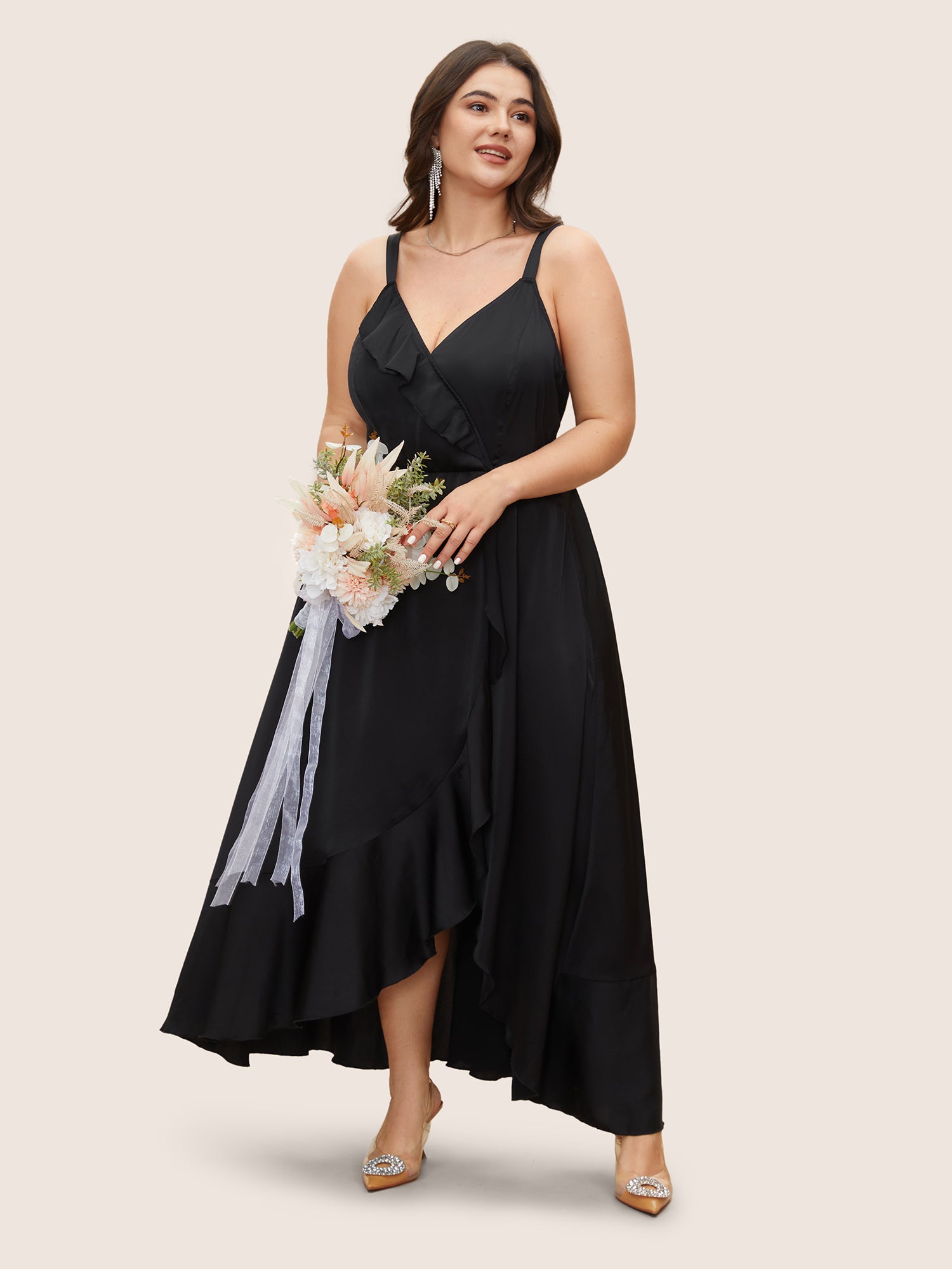 Satin Overlap Collar Ruffles Cami Dress