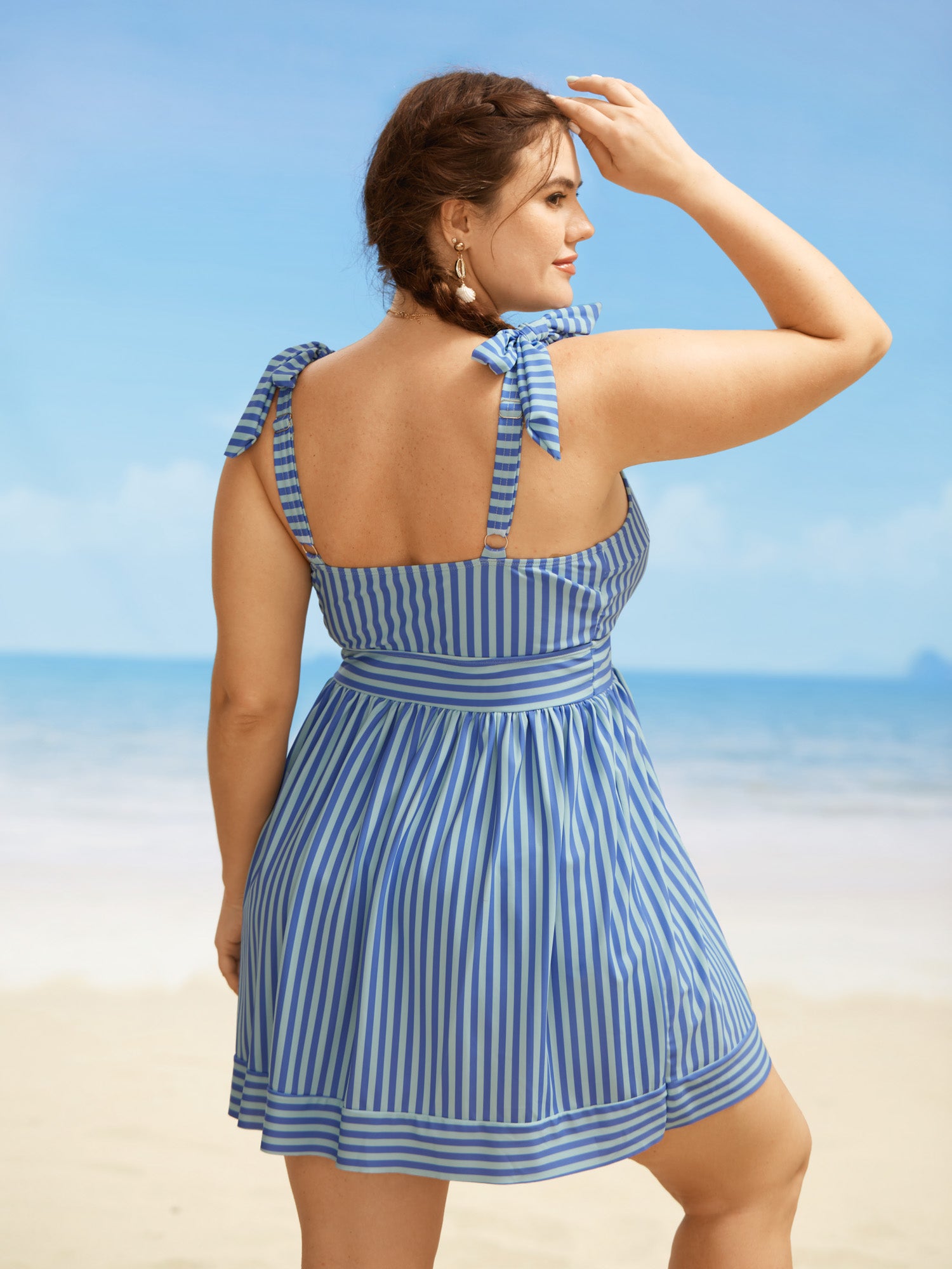 V Neck Striped Tie Knot Gathered Swim Dress