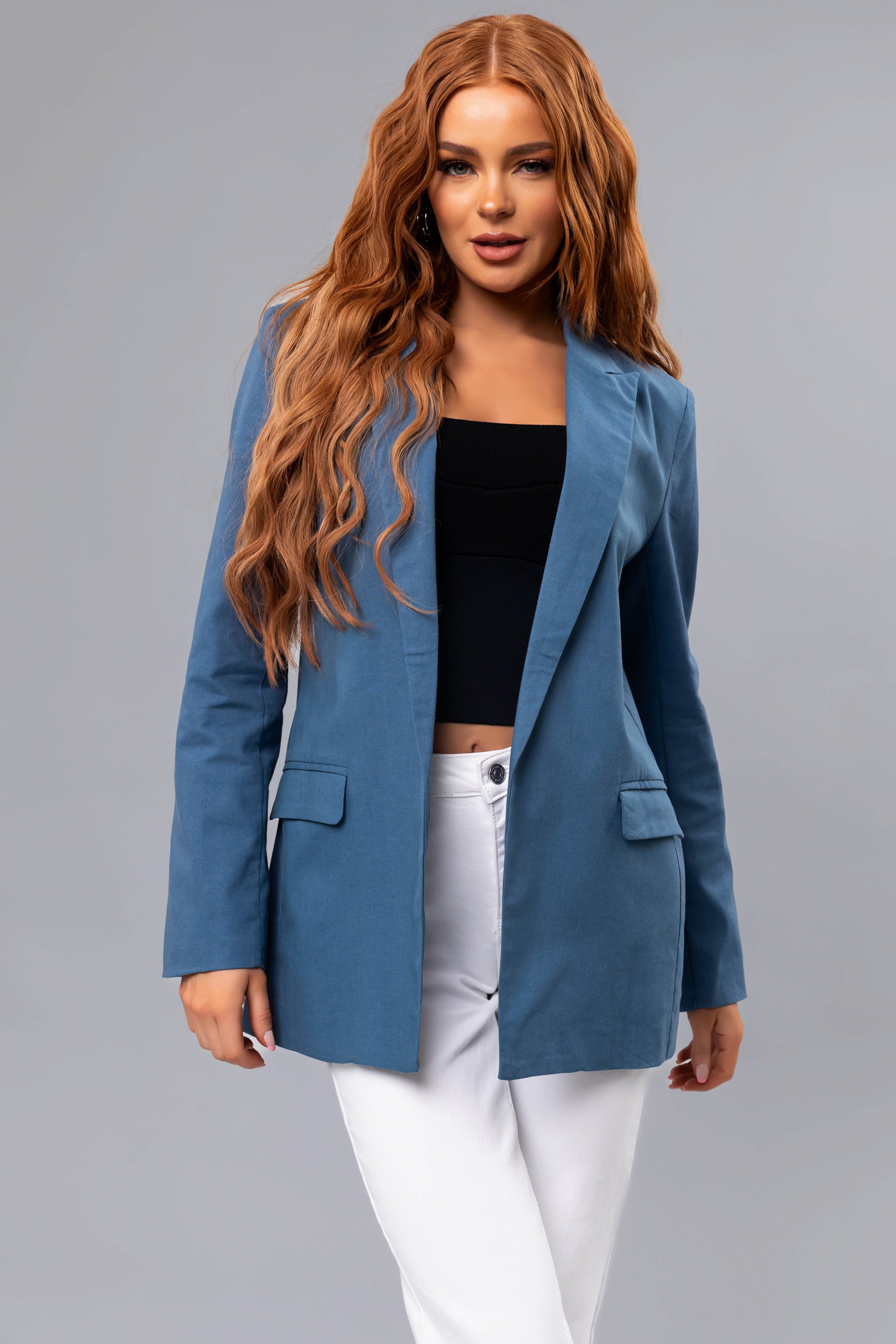 Steel Blue Open Front Linen Blazer