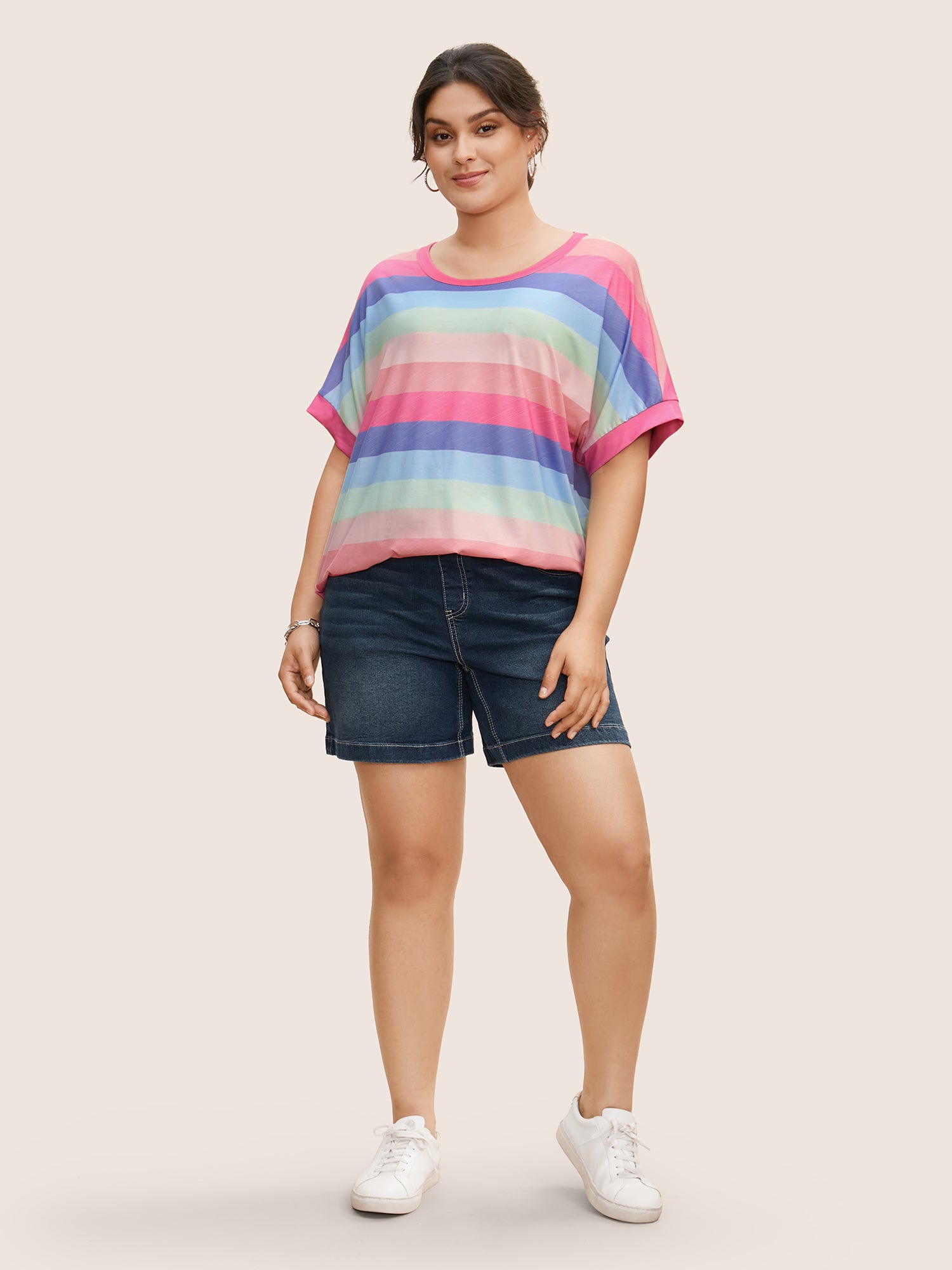 Colored Striped Crew Neck Batwing Sleeve T-shirt