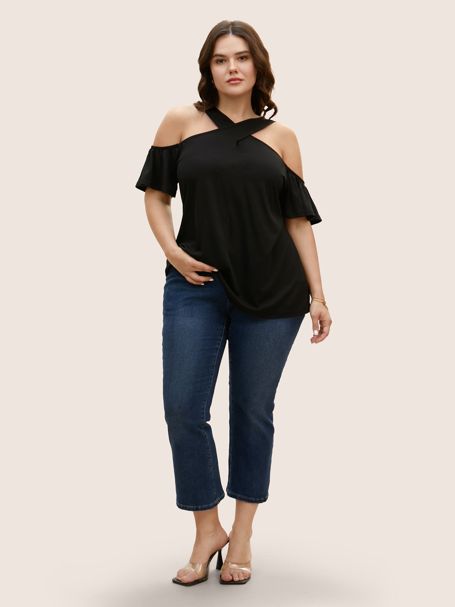 Solid Overlap Collar Ruffle Sleeve T-shirt