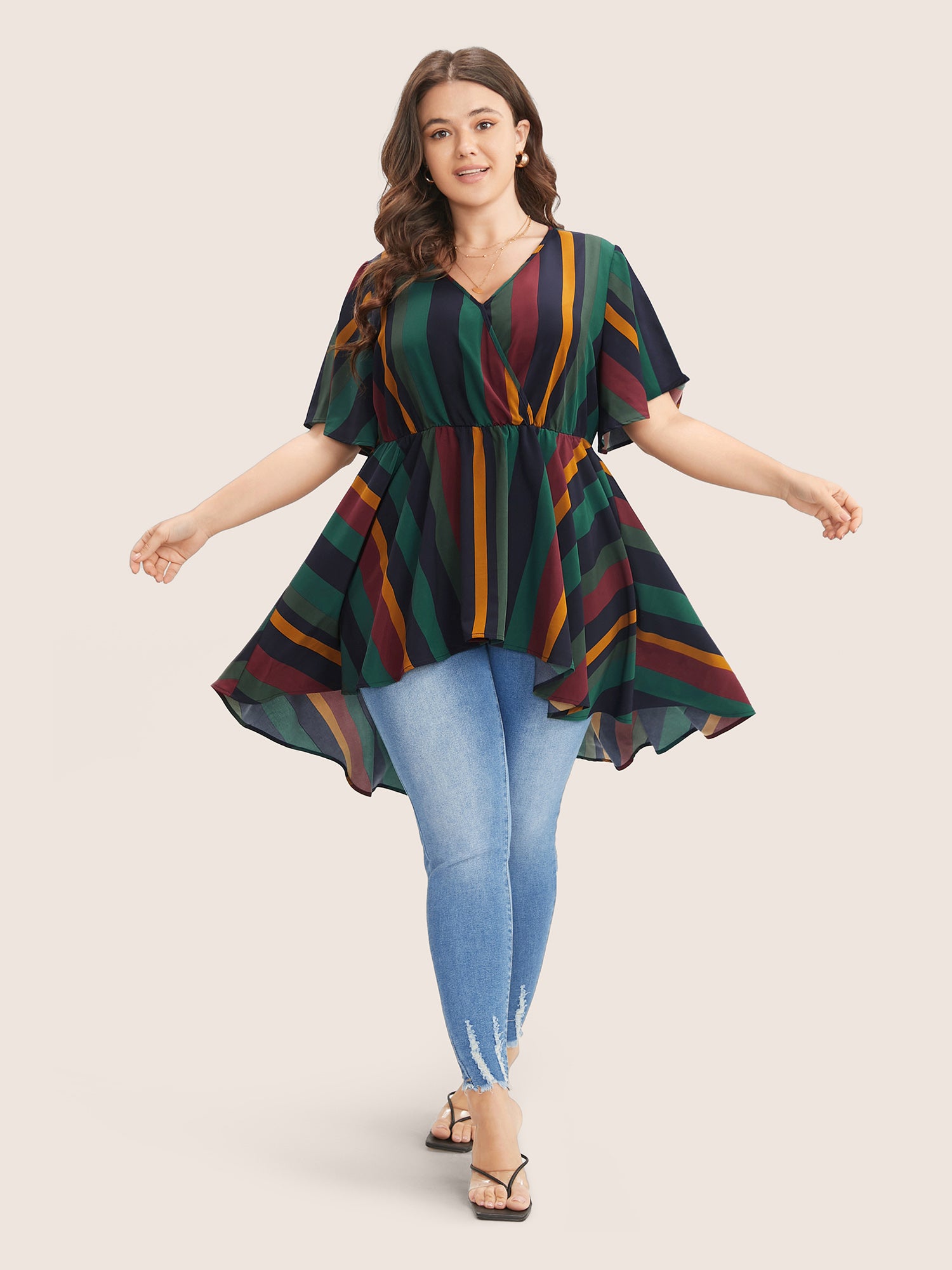 Striped Contrast Wrap Ruffles High Low Hem Blouse