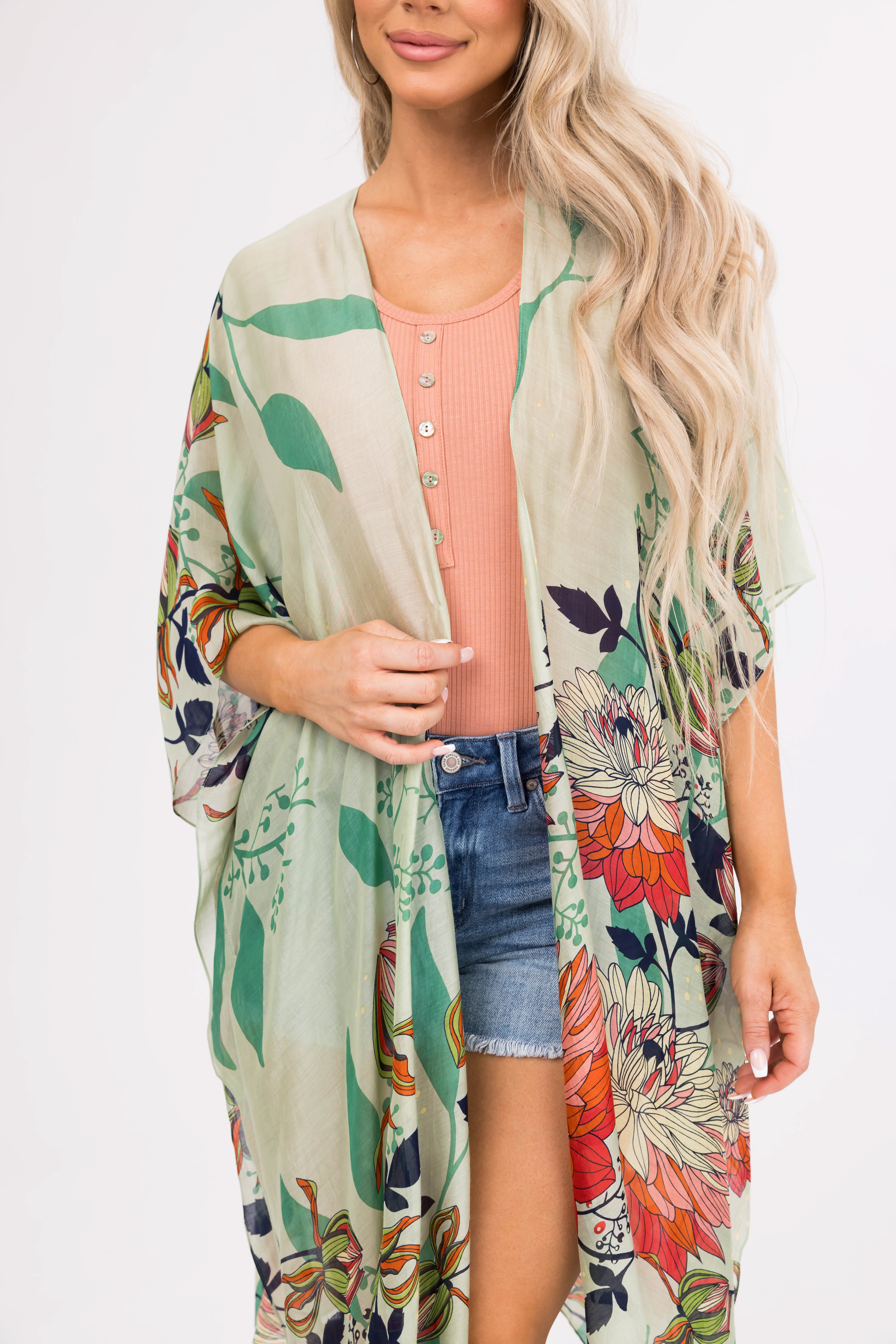 Sage Lightweight Floral Lotus Print Kimono
