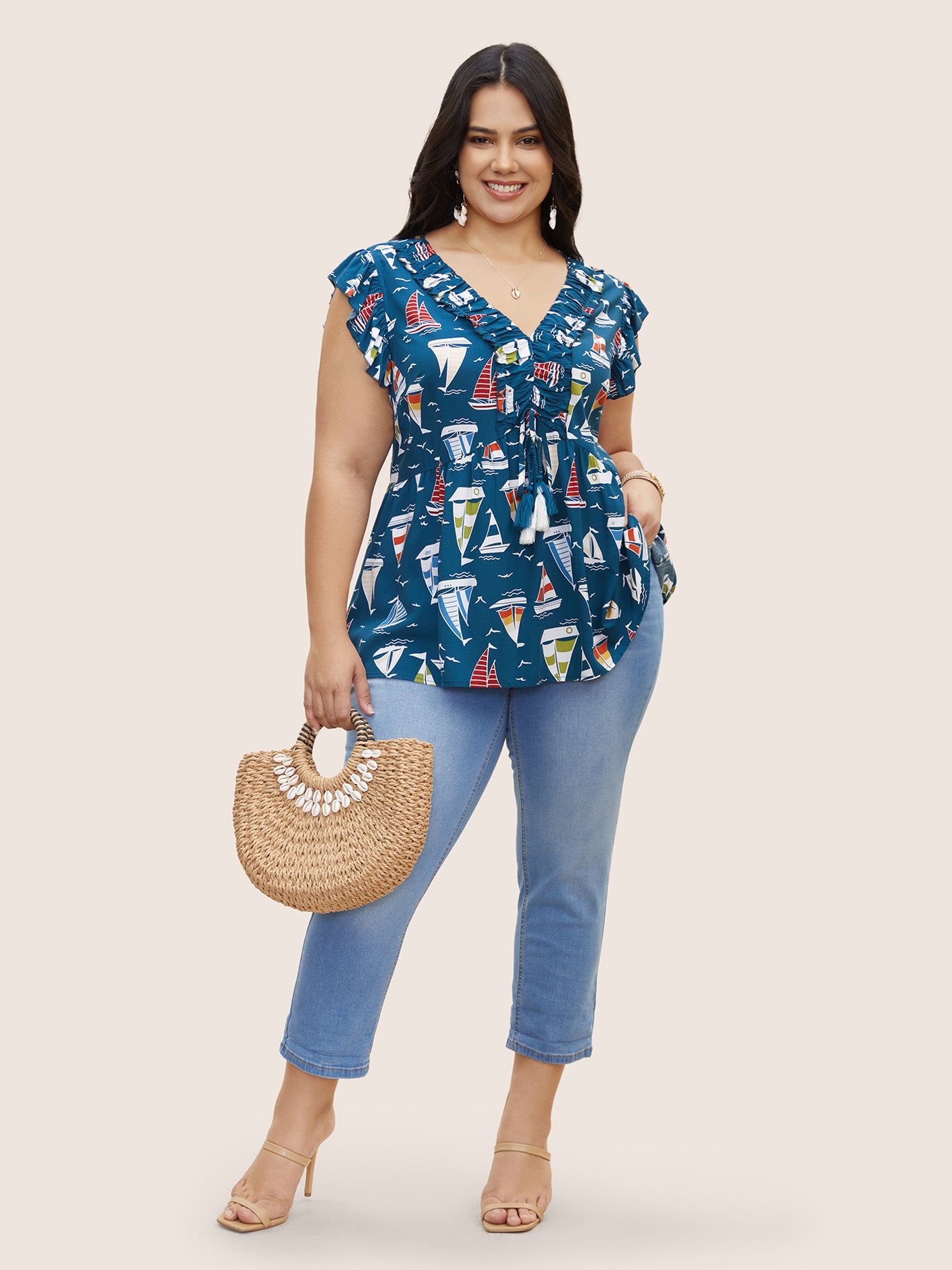 Boai Print Frill Trim Tassel Cap Sleeve Blouse