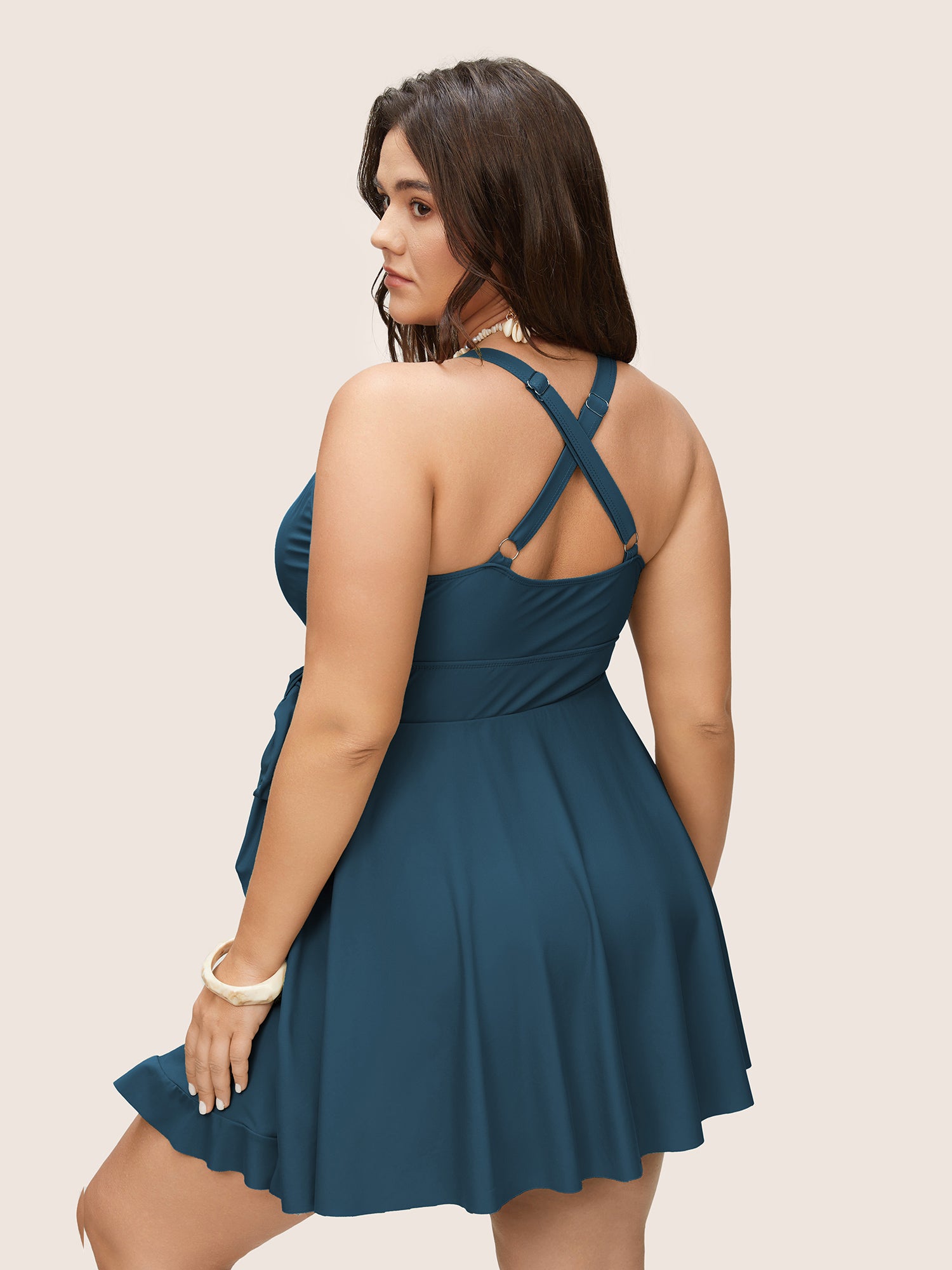 Plain Ties Wrap Flutters Swim Dress