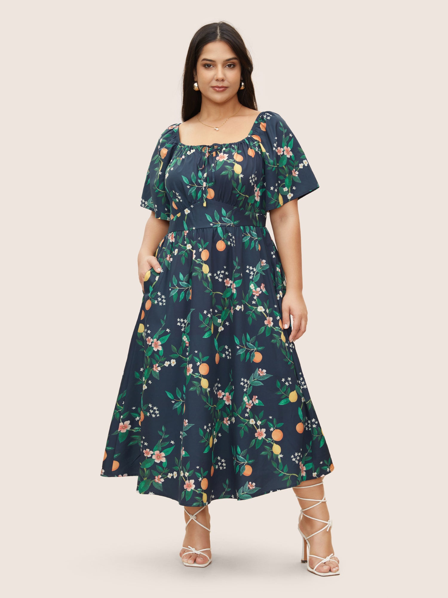 Citrus Orange Print Square Neck Gathered Drawstring Dress