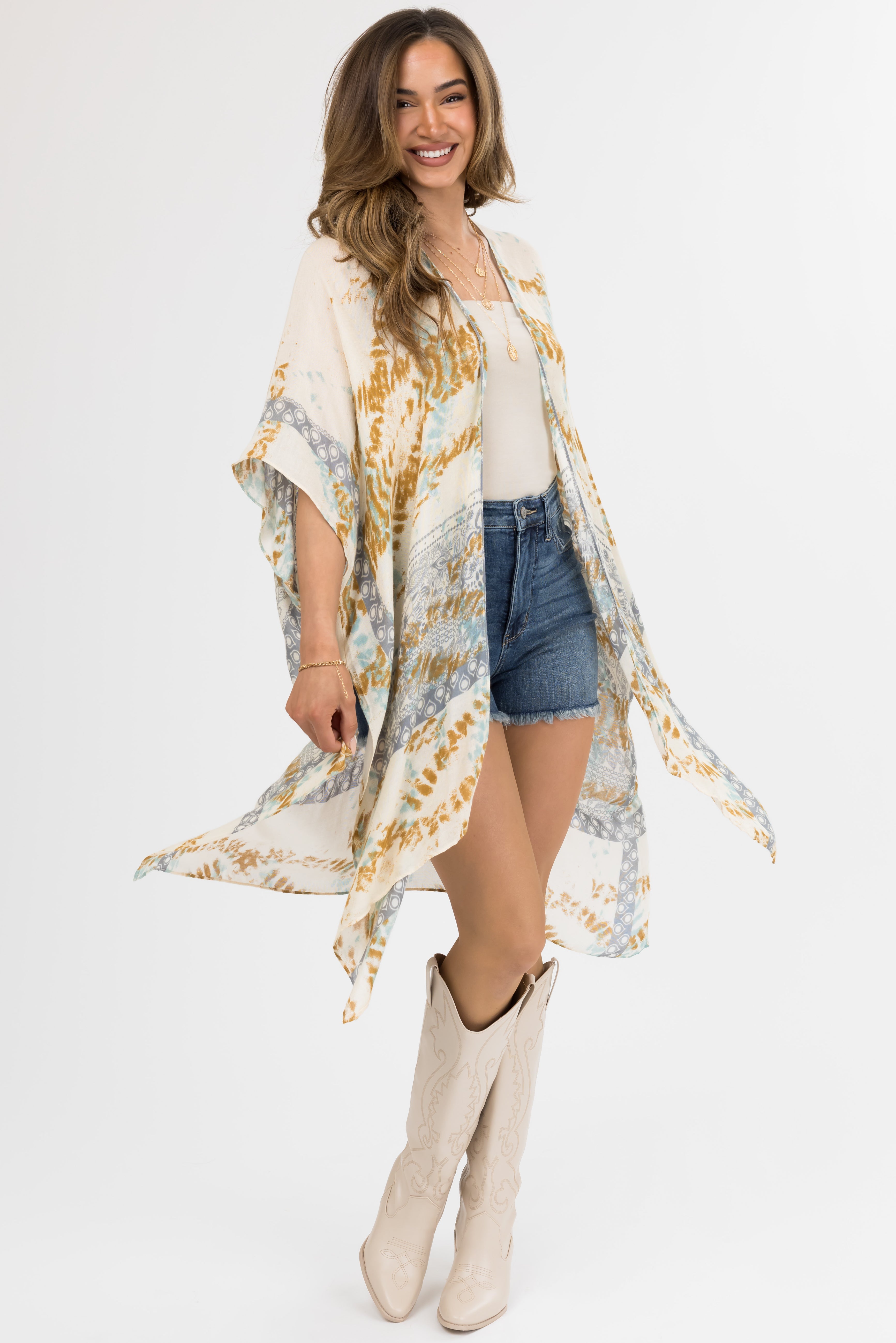 Buttercream Abstract Print Side Slit Kimono