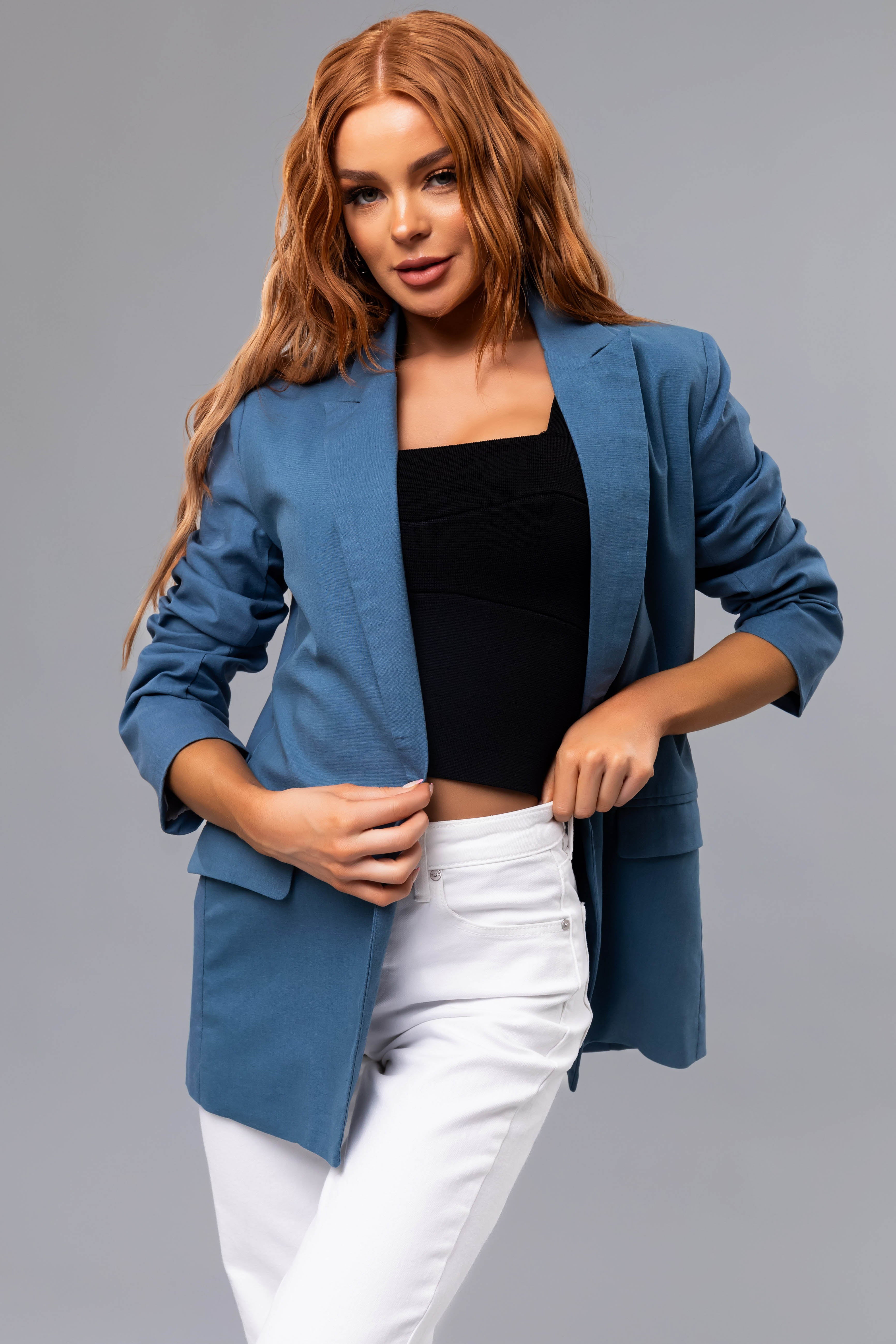 Steel Blue Open Front Linen Blazer