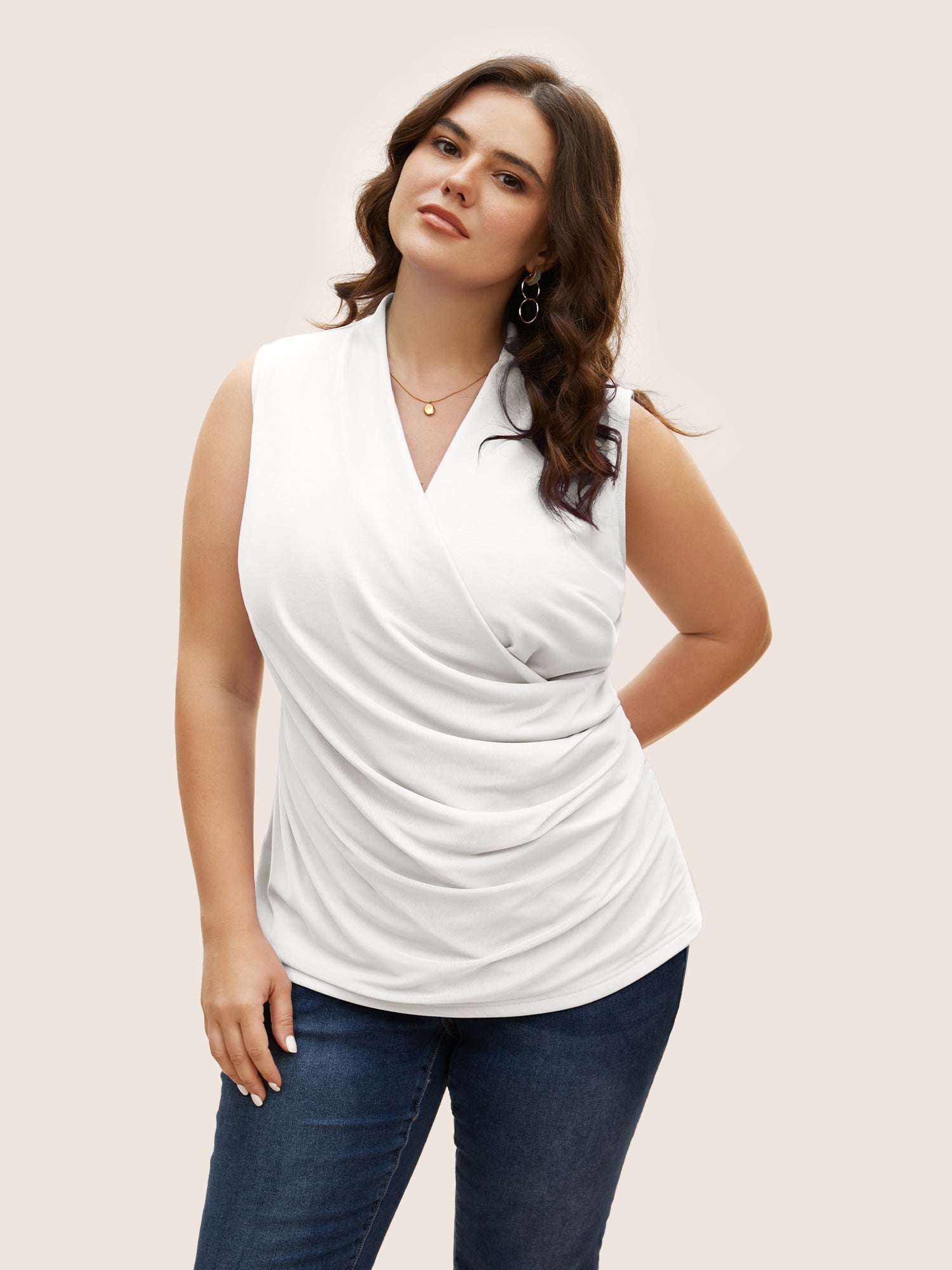 Overlap Collar Solid Pleated Tank Top