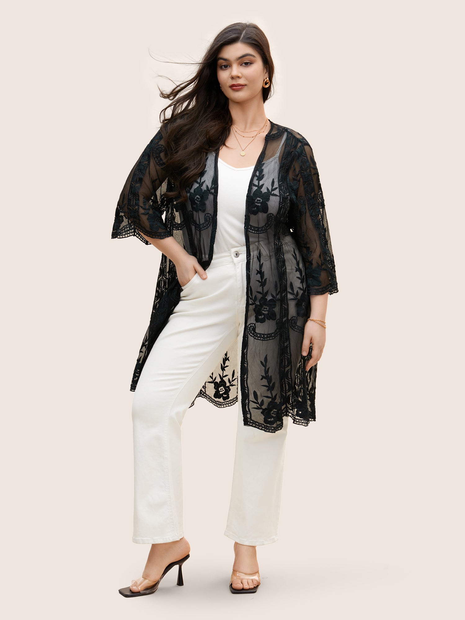 Floral Embroidered Crochet Lace Mesh Kimono