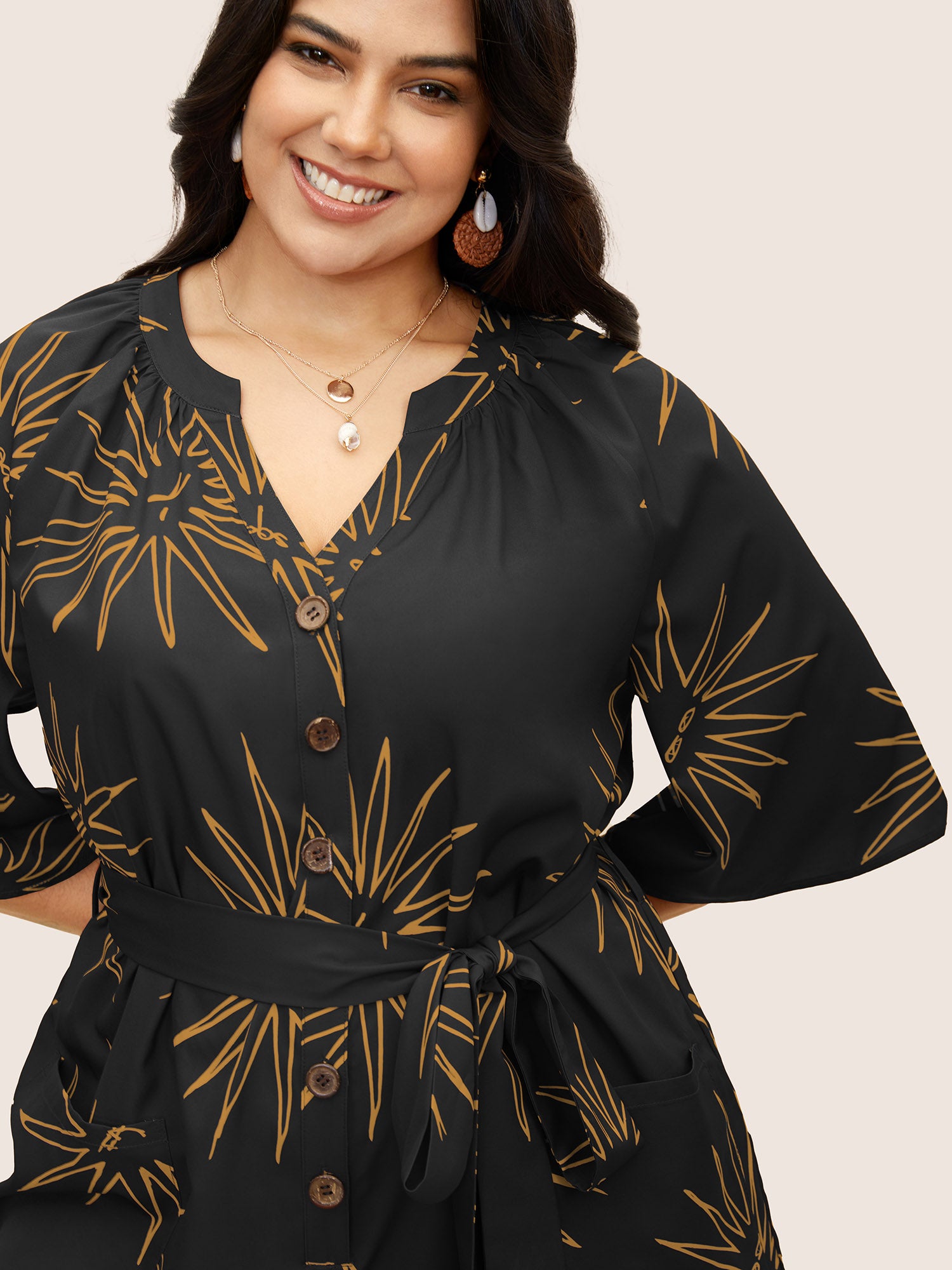 Sun Print Gathered Button Up Jumpsuit