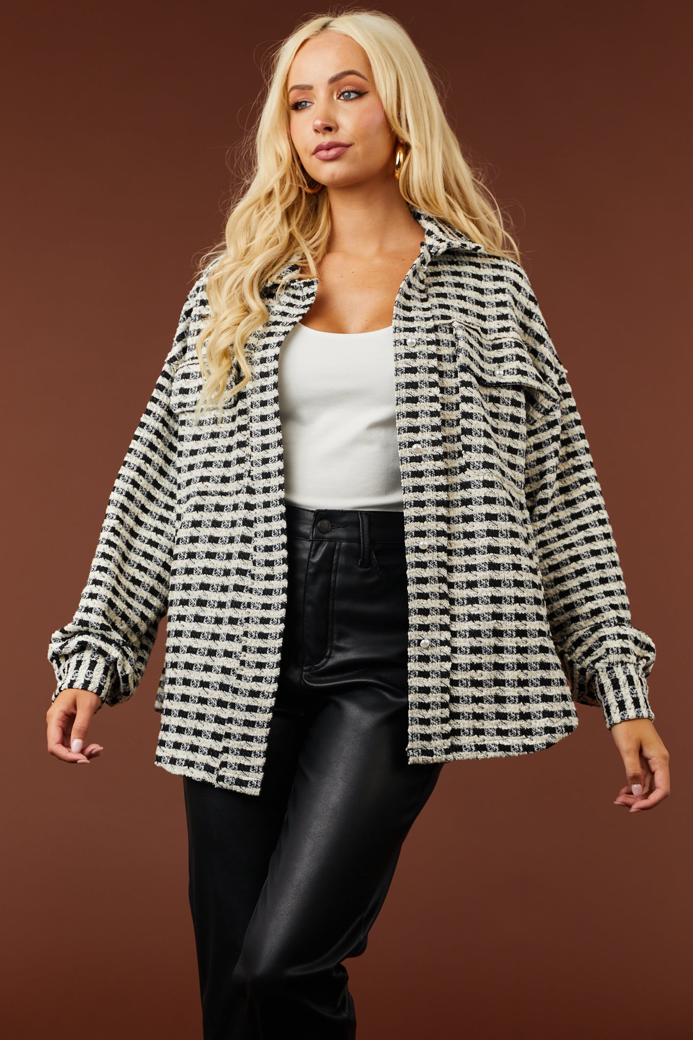 Black and Cream Gingham Pearl Button Up Shacket