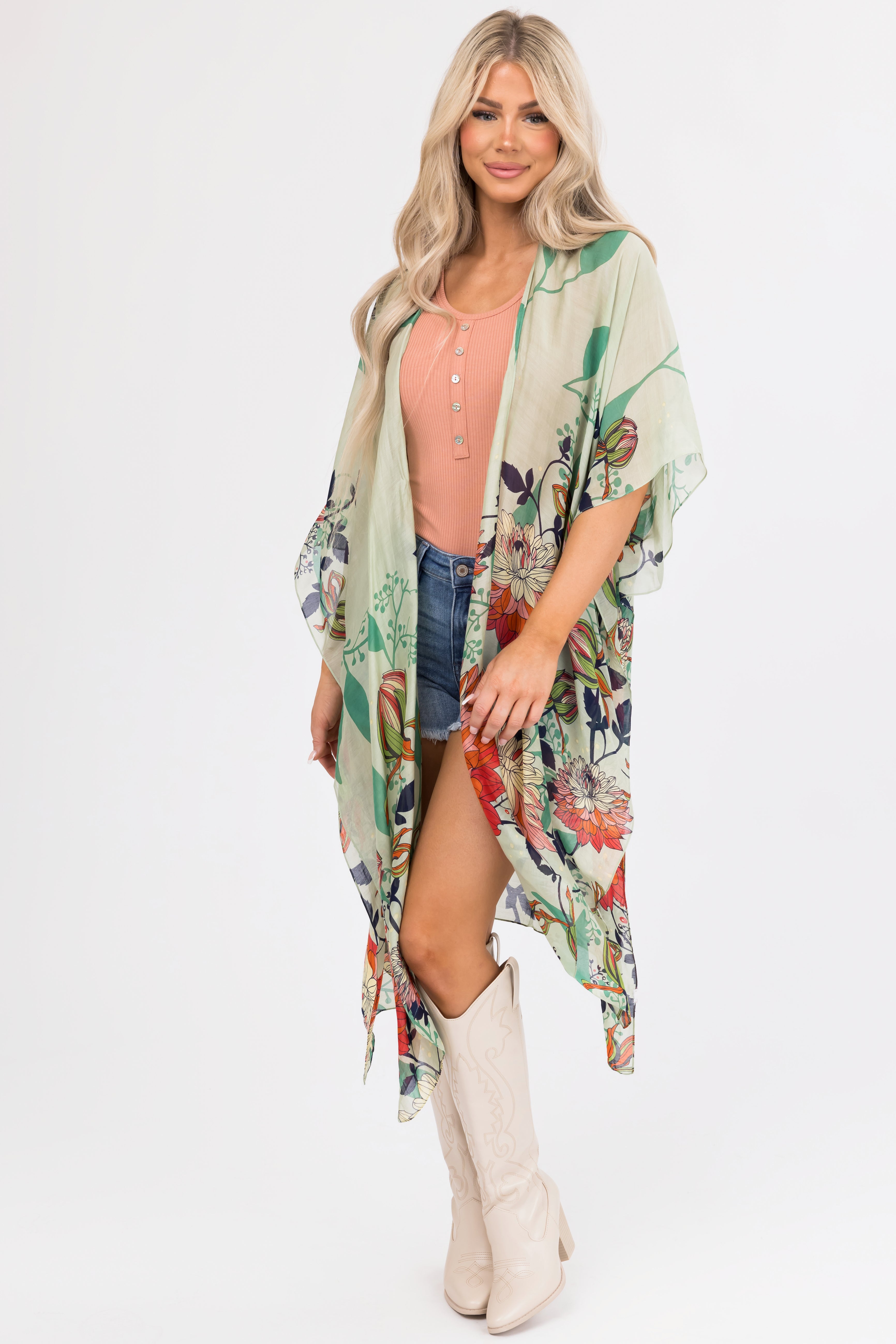 Sage Lightweight Floral Lotus Print Kimono