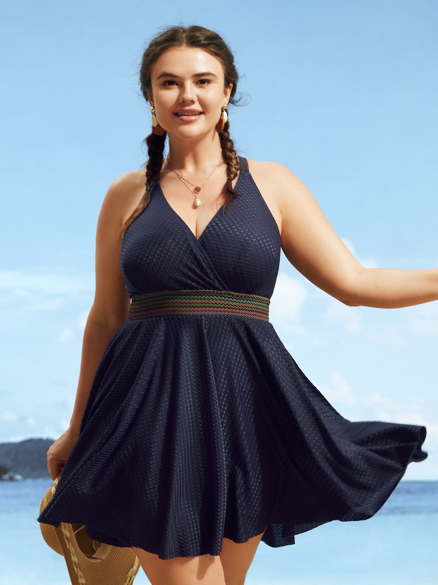 Overlap Collar Textured Gathered Pocket Swim Dress