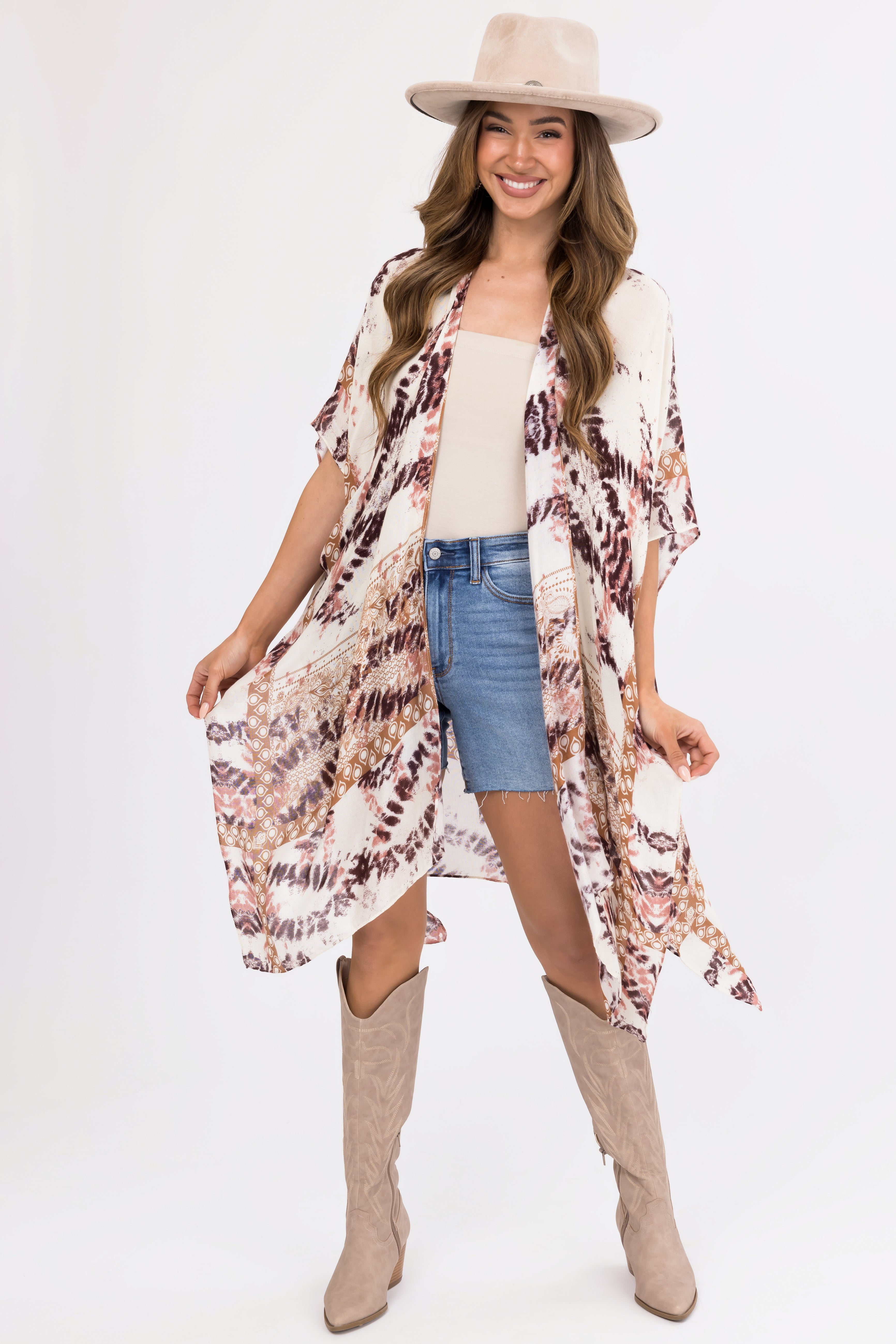 Cream Abstract Print Side Slit Kimono