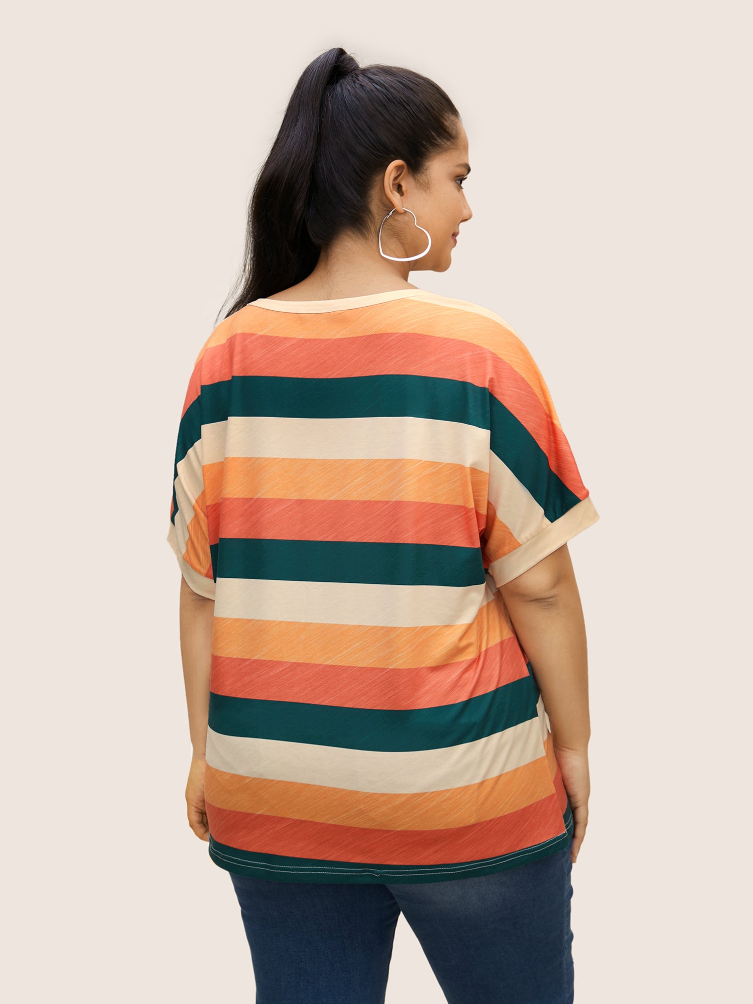 Colored Striped Crew Neck Batwing Sleeve T-shirt