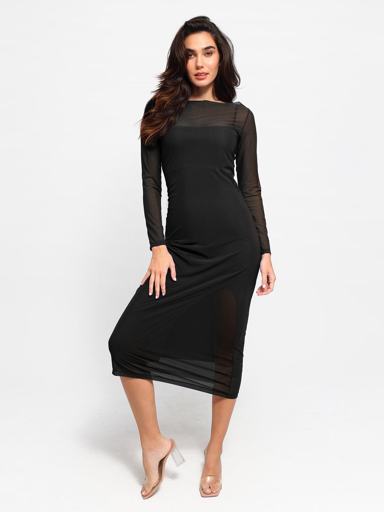 The Shapewear Dress Set Sheer Mesh Slip Split Midi