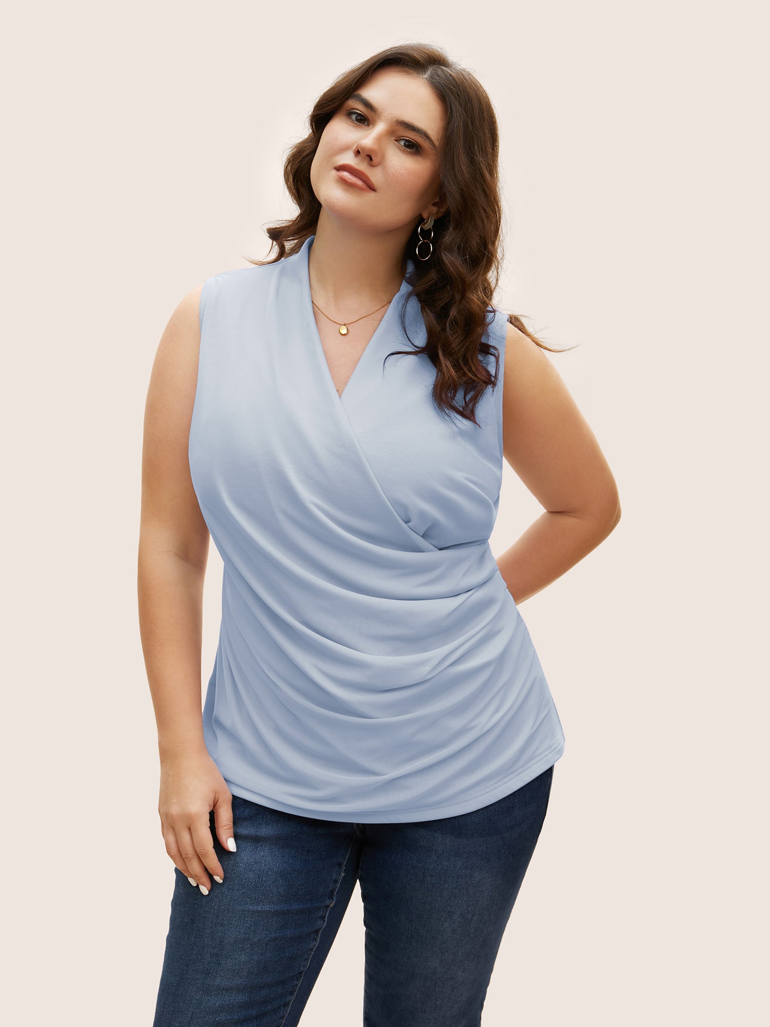 Overlap Collar Solid Pleated Tank Top
