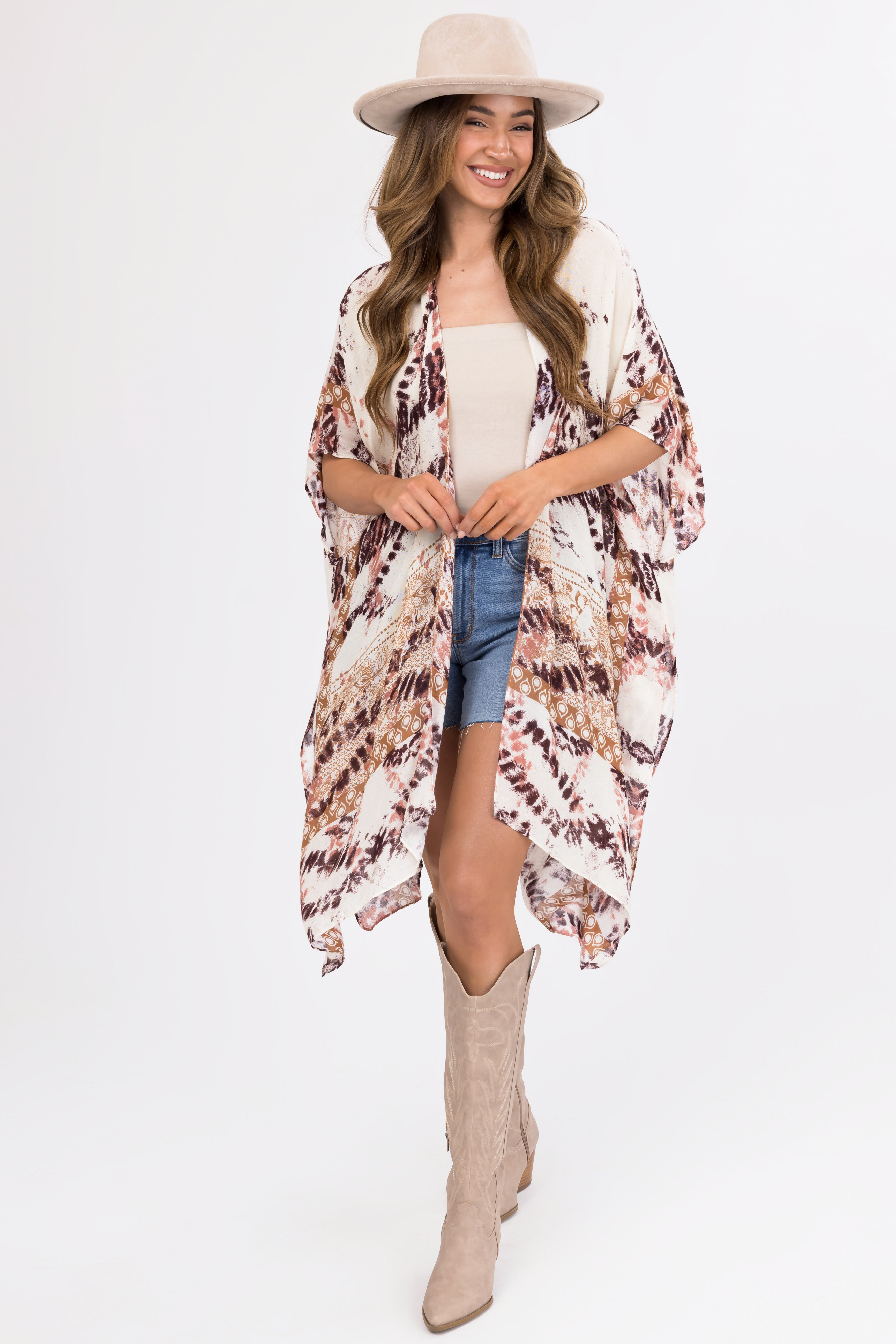 Cream Abstract Print Side Slit Kimono