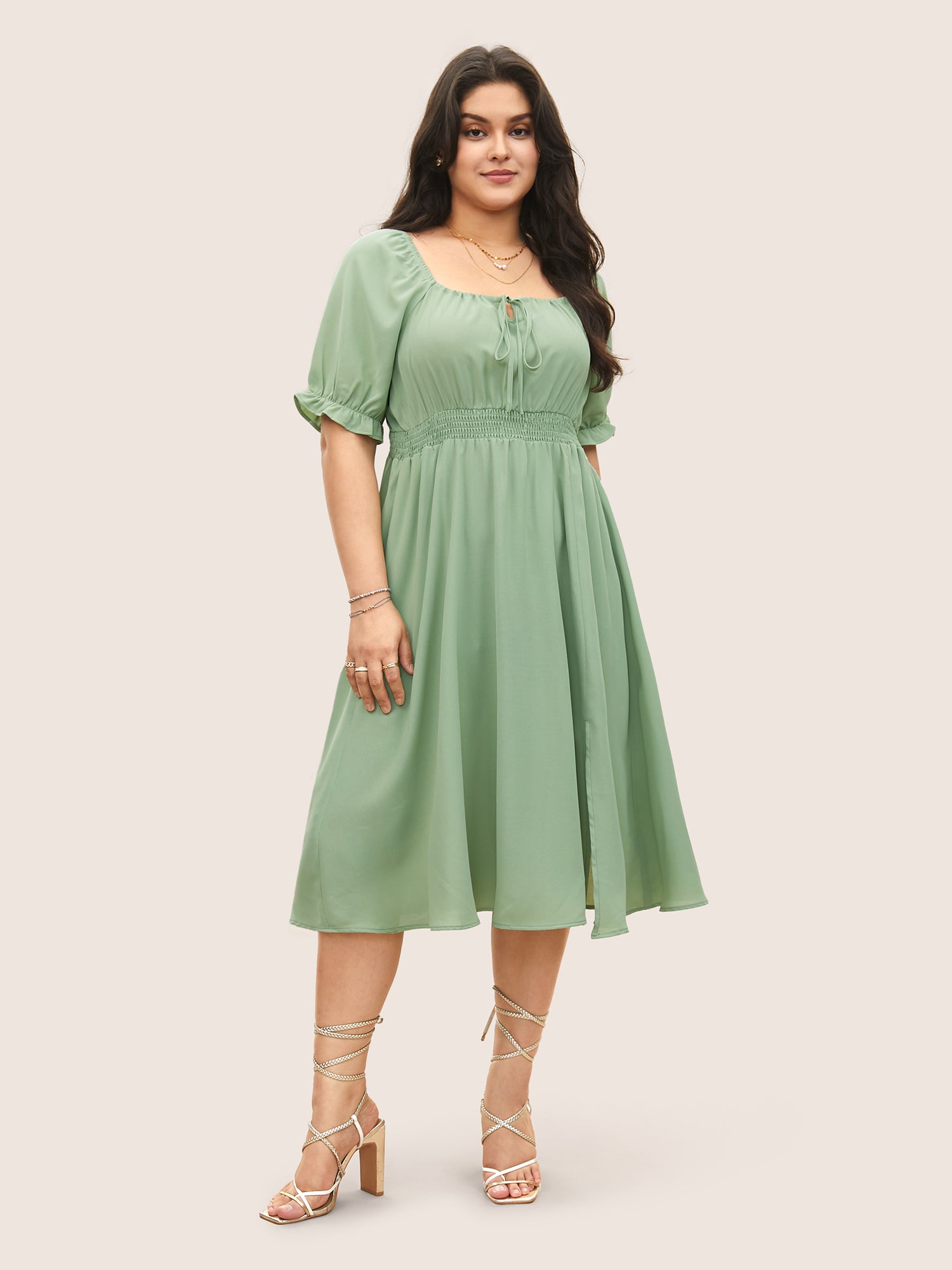Plain Shirred Knot Neck Gathered Slit Hem Dress