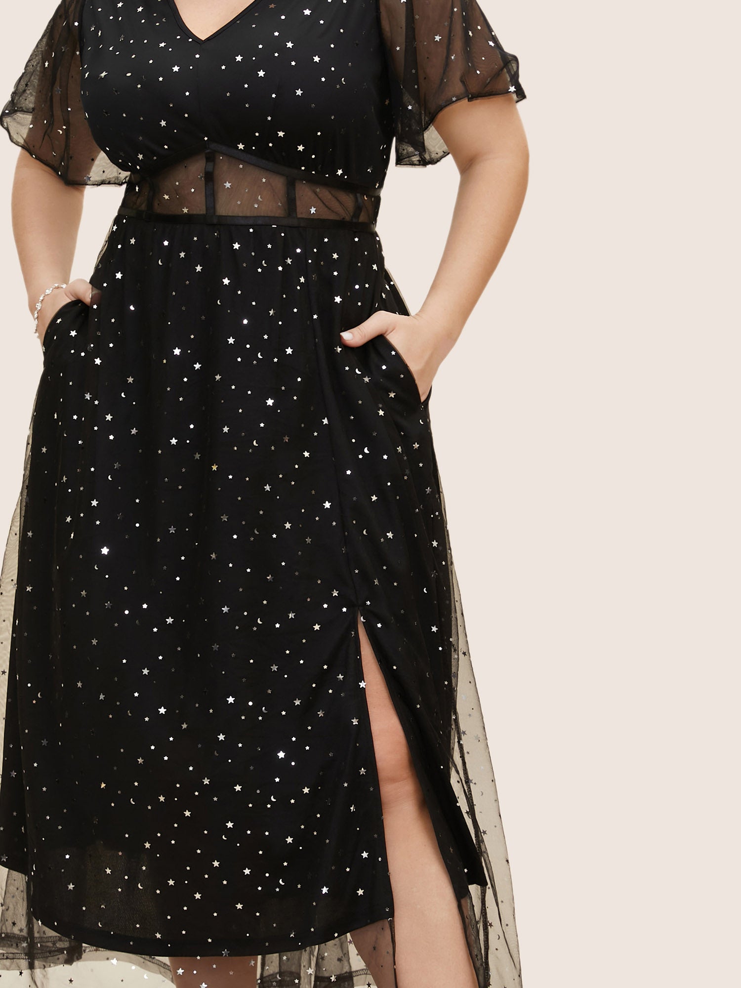Glitter Star Mesh Patchwork Split Hem Dress