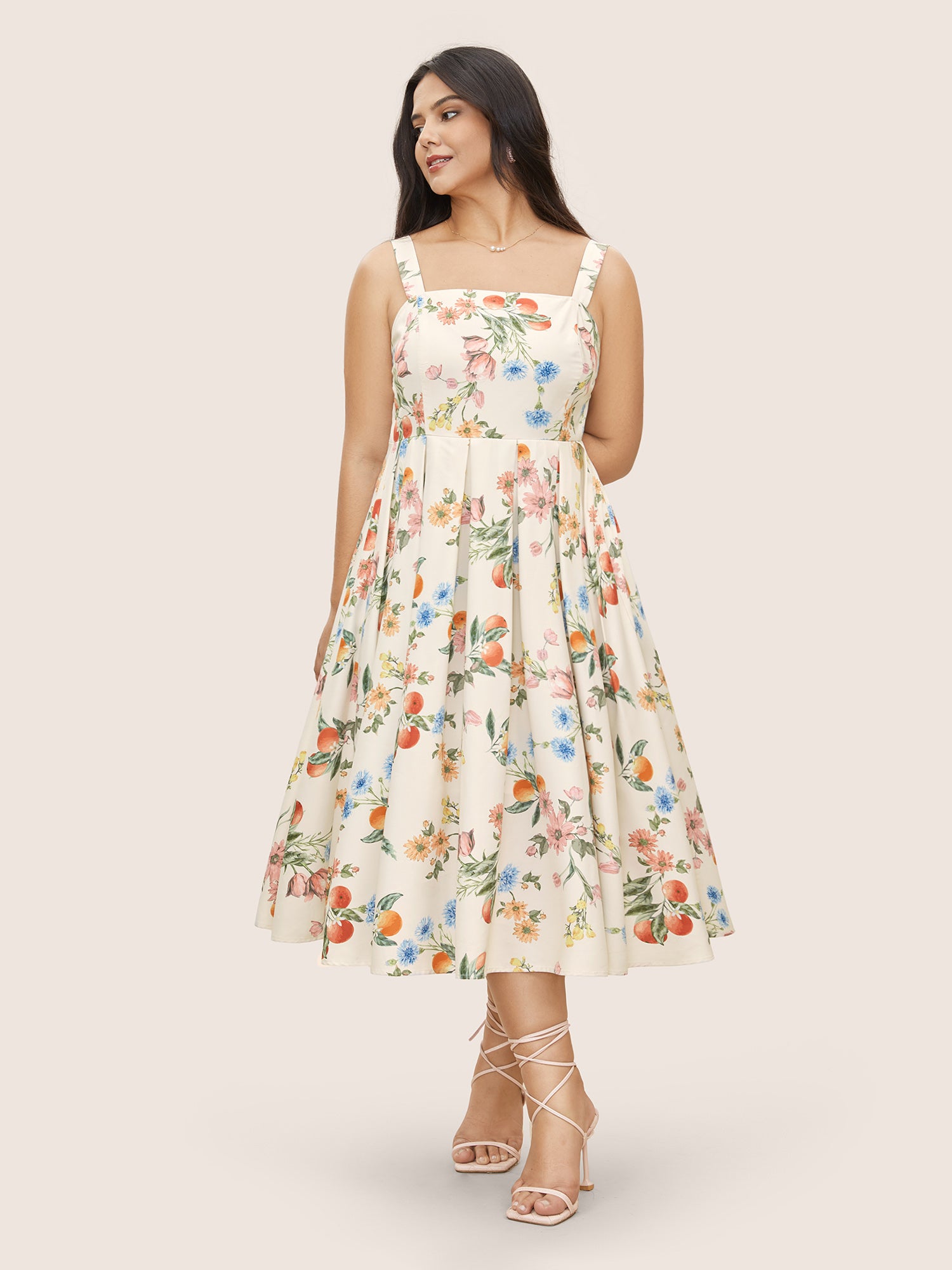 Citrus Orange Print Plicated Detail Cami Dress