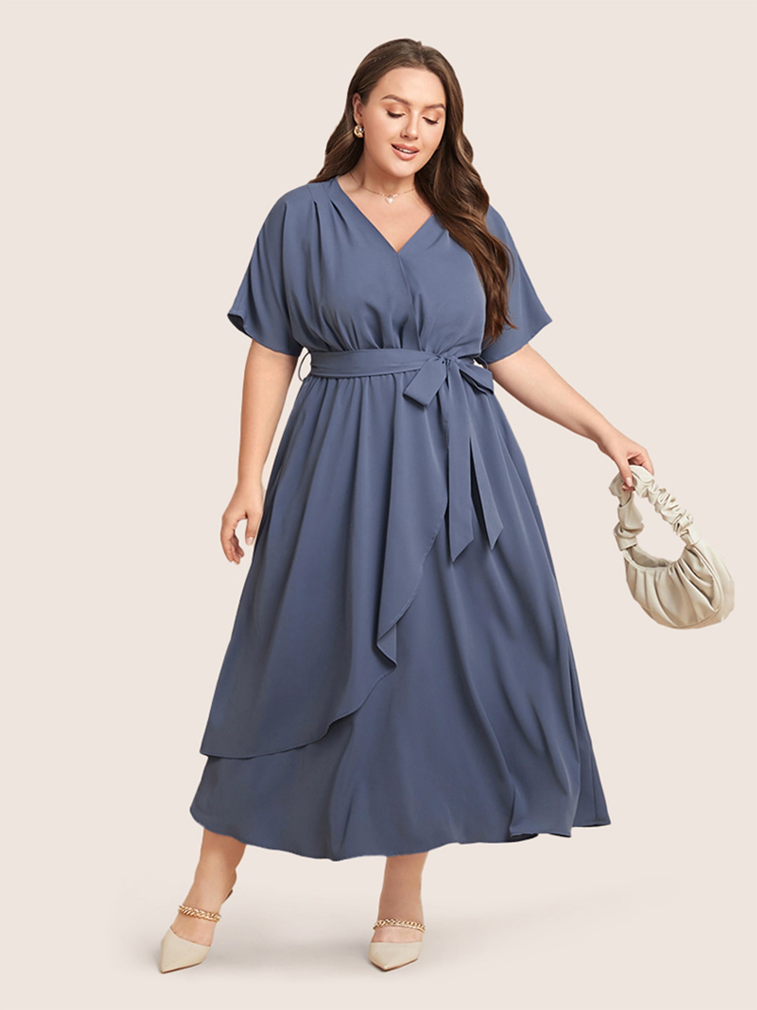 Plain Dolman Sleeve Pocket Belted Surplice Neck Flutter Dress