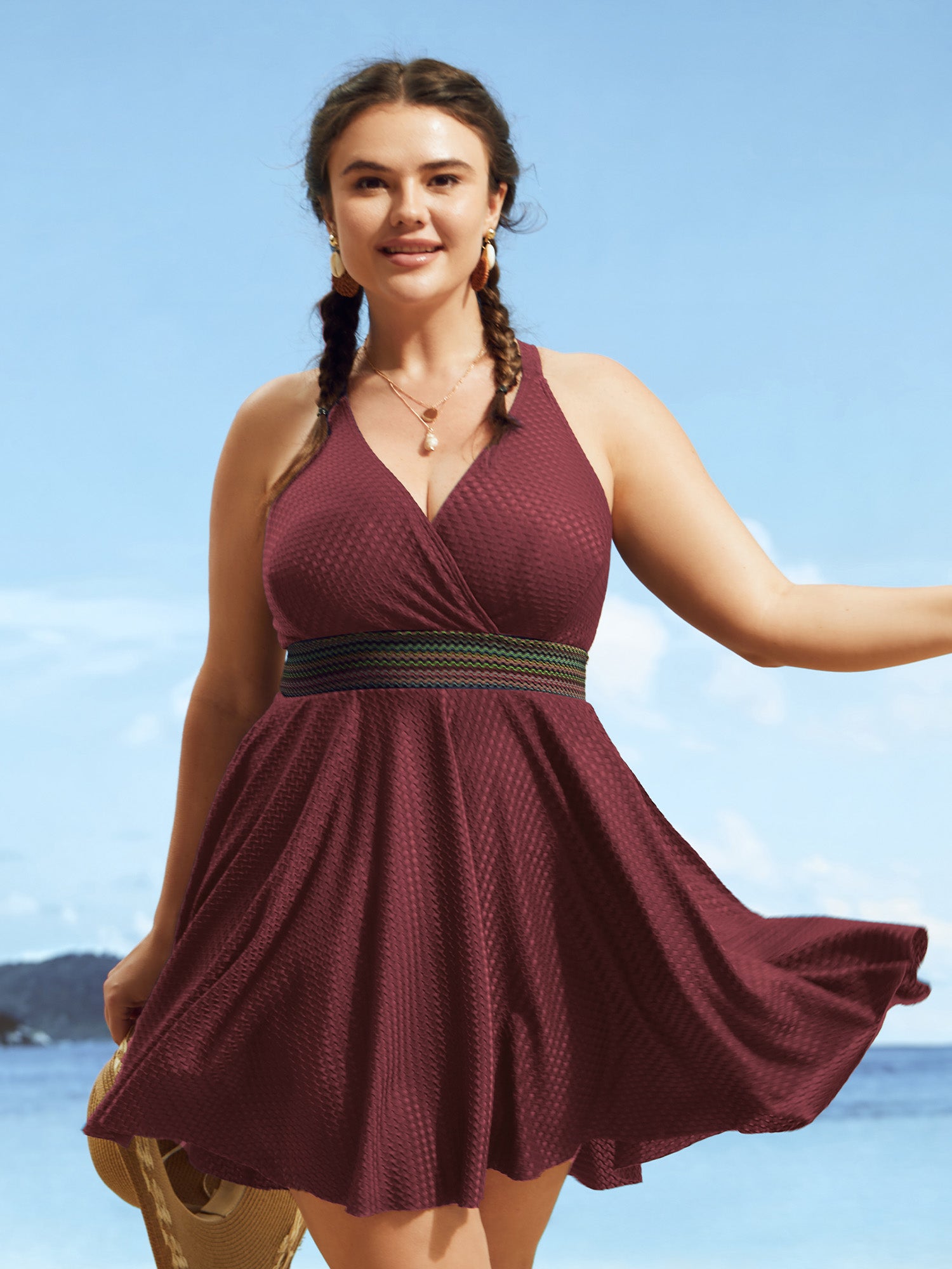 Overlap Collar Textured Gathered Pocket Swim Dress