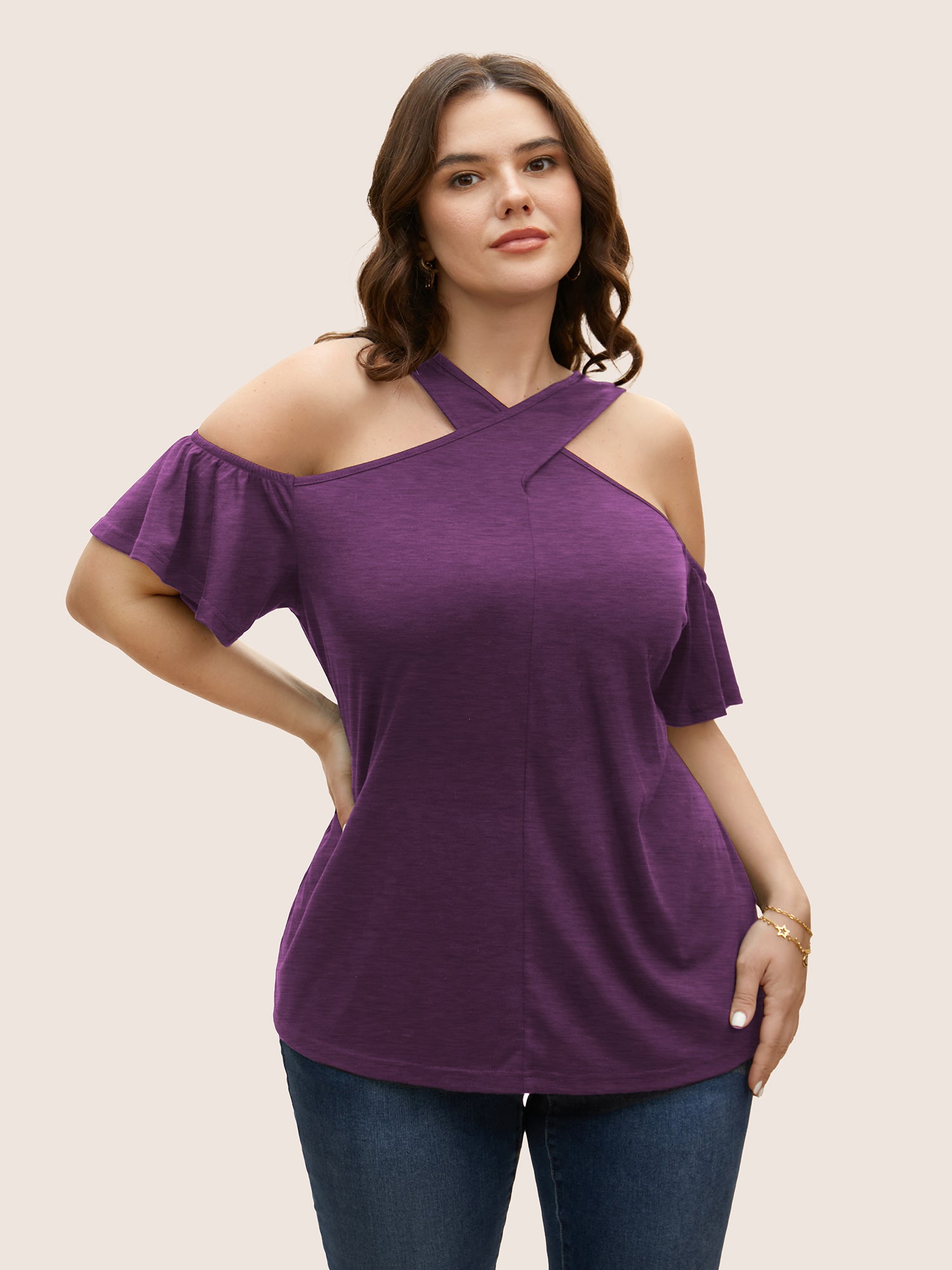 Solid Overlap Collar Ruffle Sleeve T-shirt