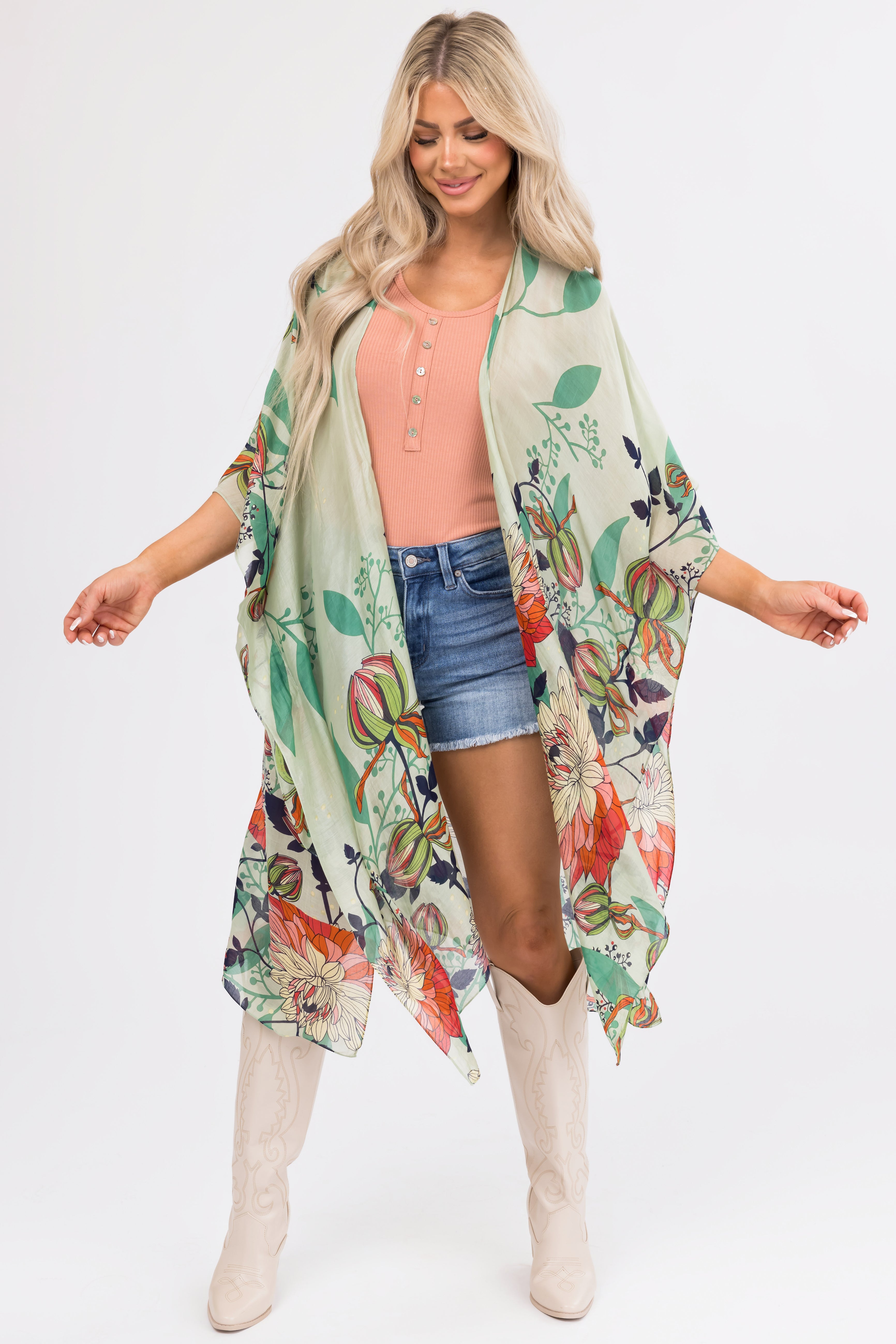 Sage Lightweight Floral Lotus Print Kimono