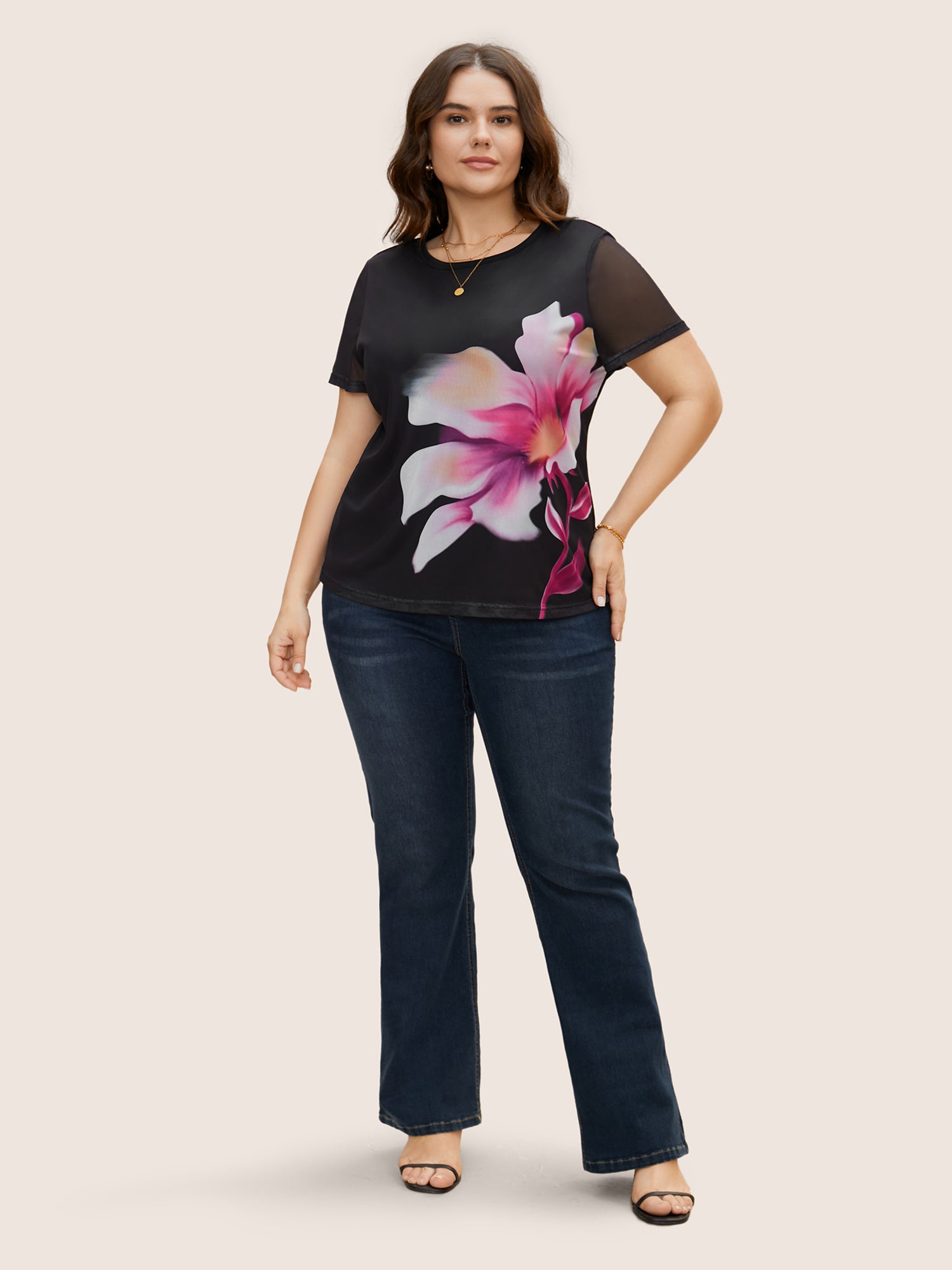 Round Neck Lily Print Patchwork Mesh T-shirt