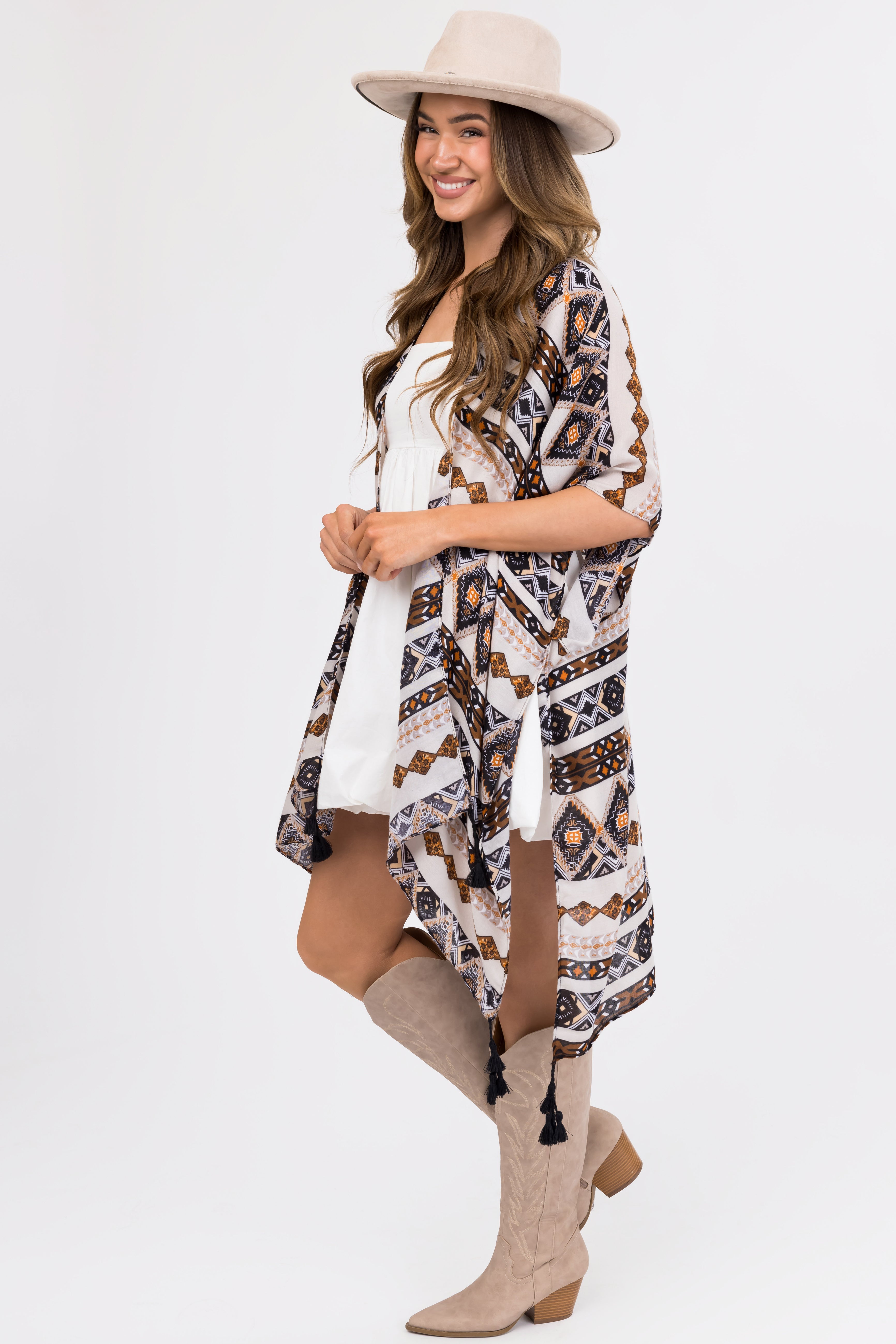 Heather Grey Geometric Print Tassel Kimono