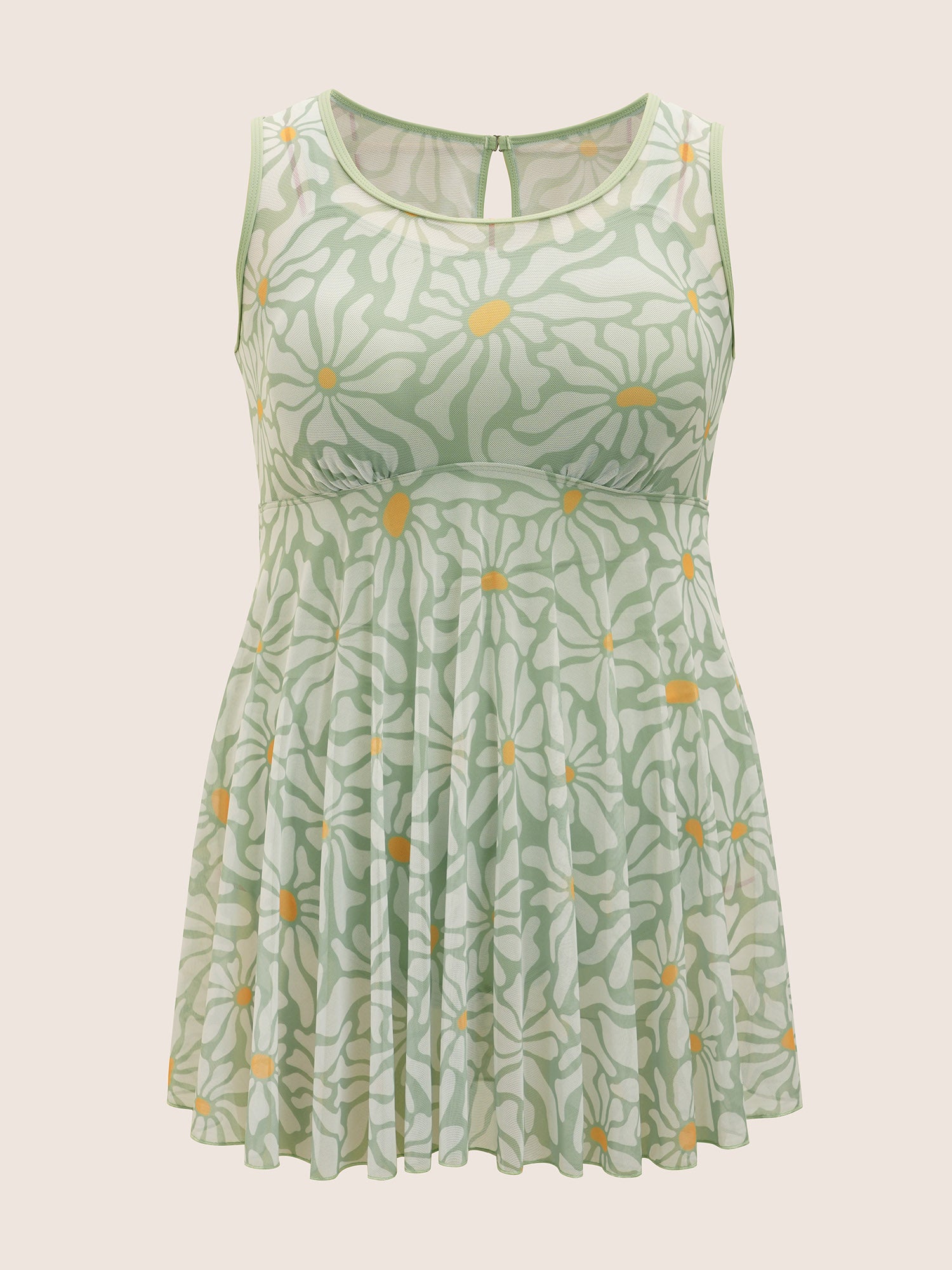 Sun Print U Neck See Through Gathered Swim Dress
