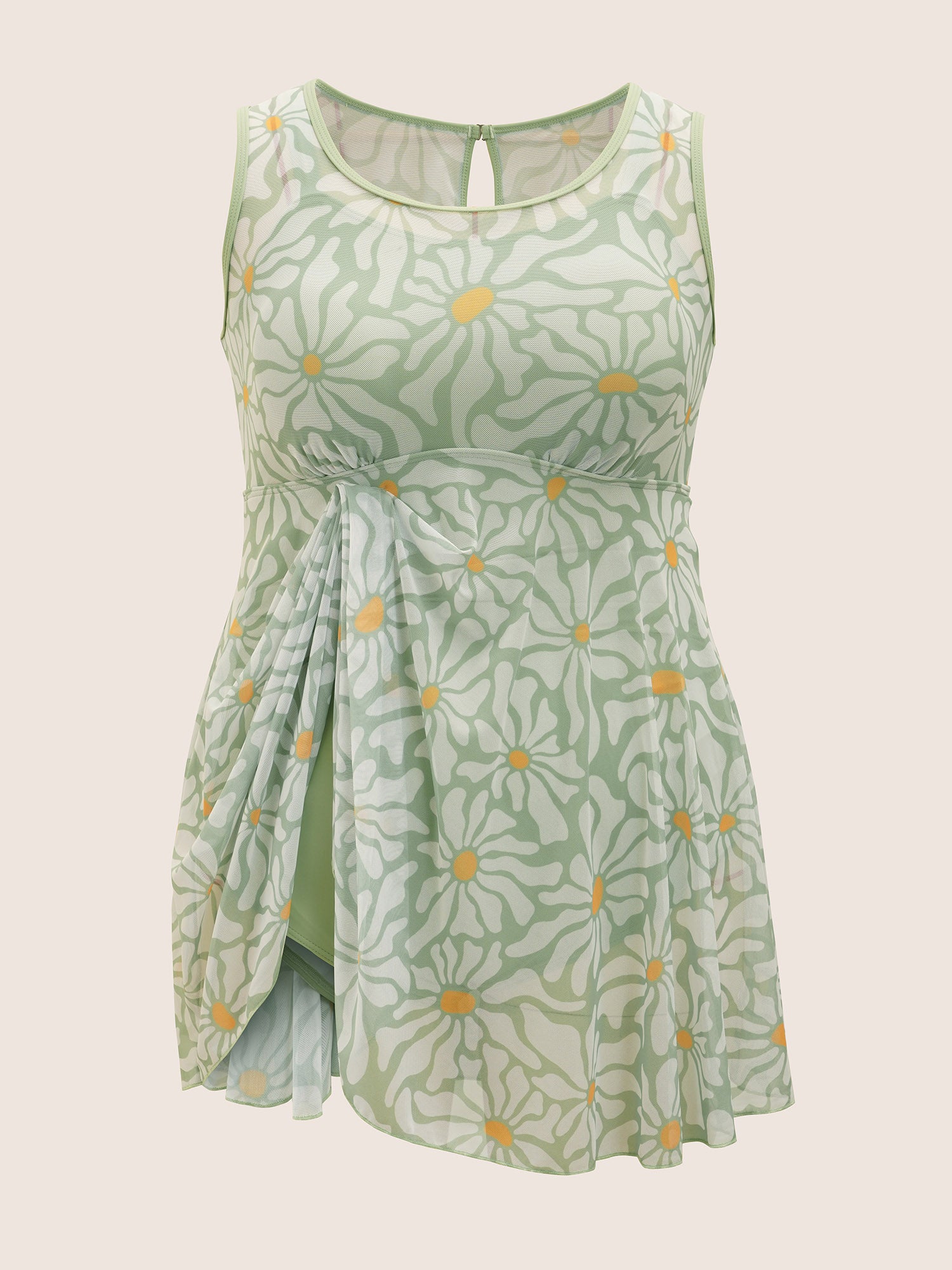 Sun Print U Neck See Through Gathered Swim Dress