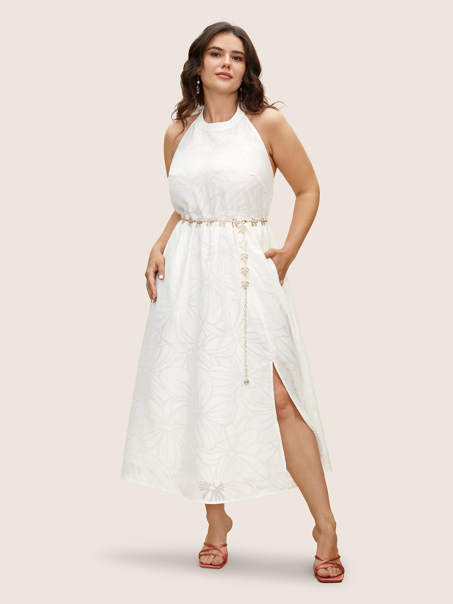Halter Textured Lily Print Split Side Dress