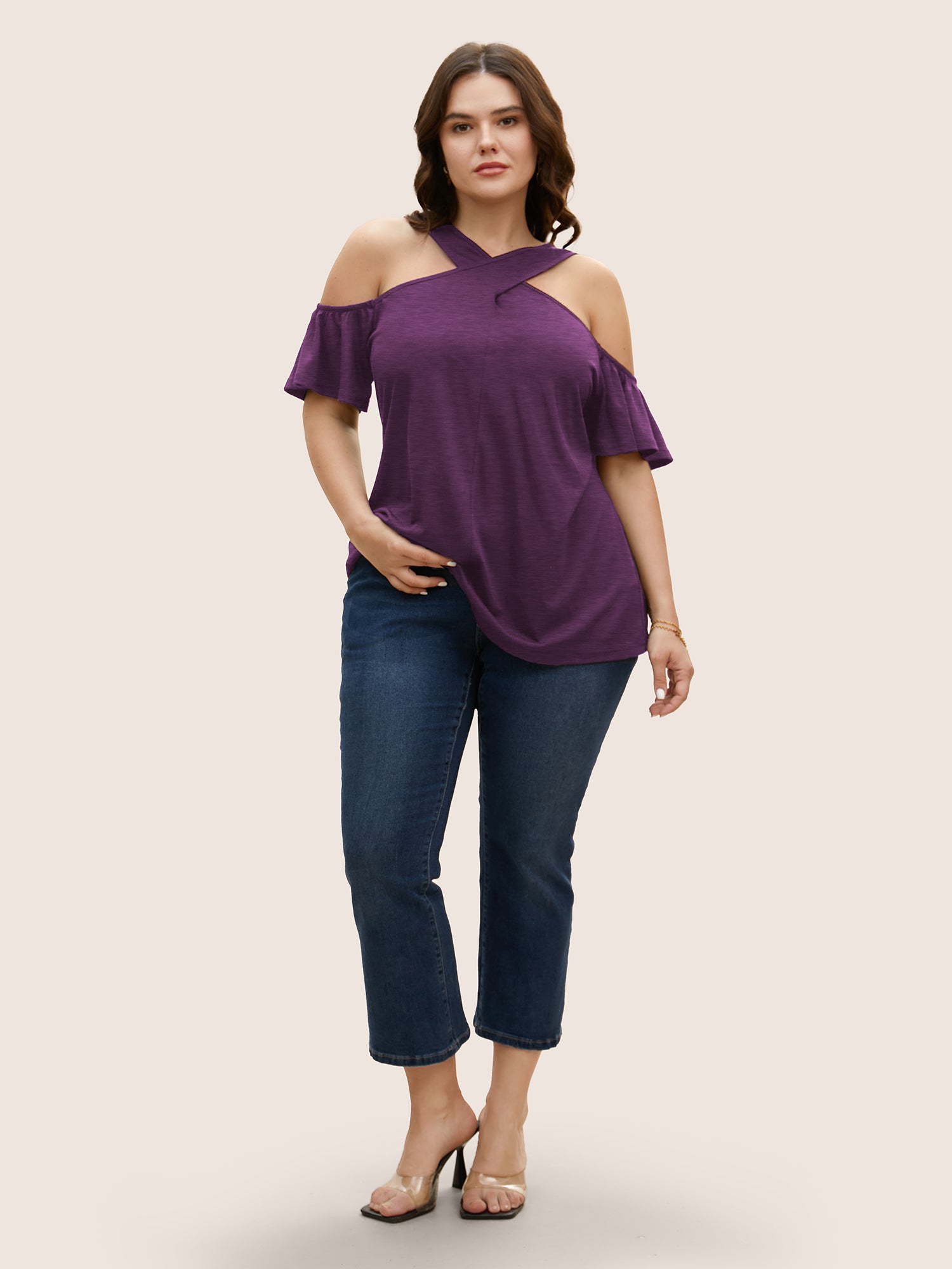Solid Overlap Collar Ruffle Sleeve T-shirt
