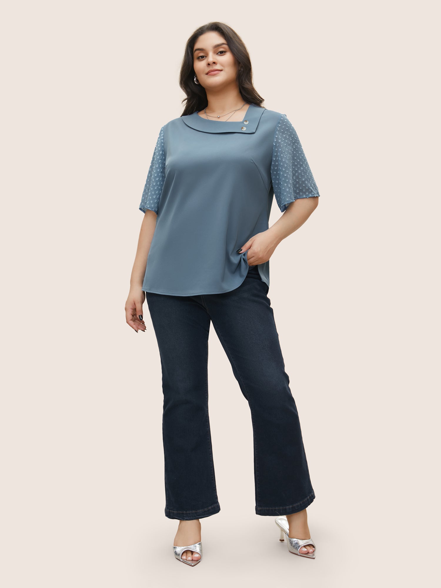 Patchwork Chiffon Asymmetrical Neck Button Detail Blouse