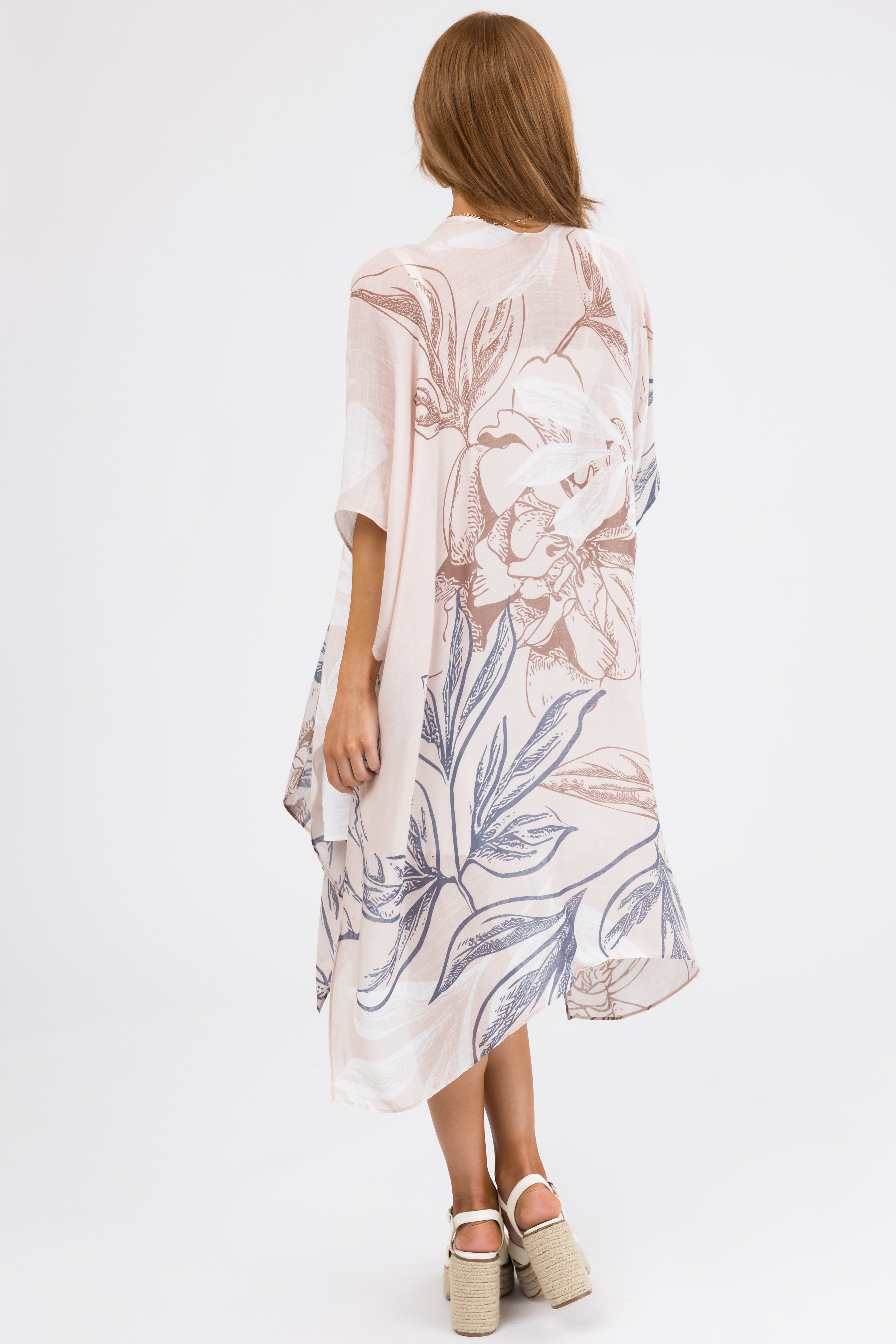 Champagne Floral Print Side Slit Kimono