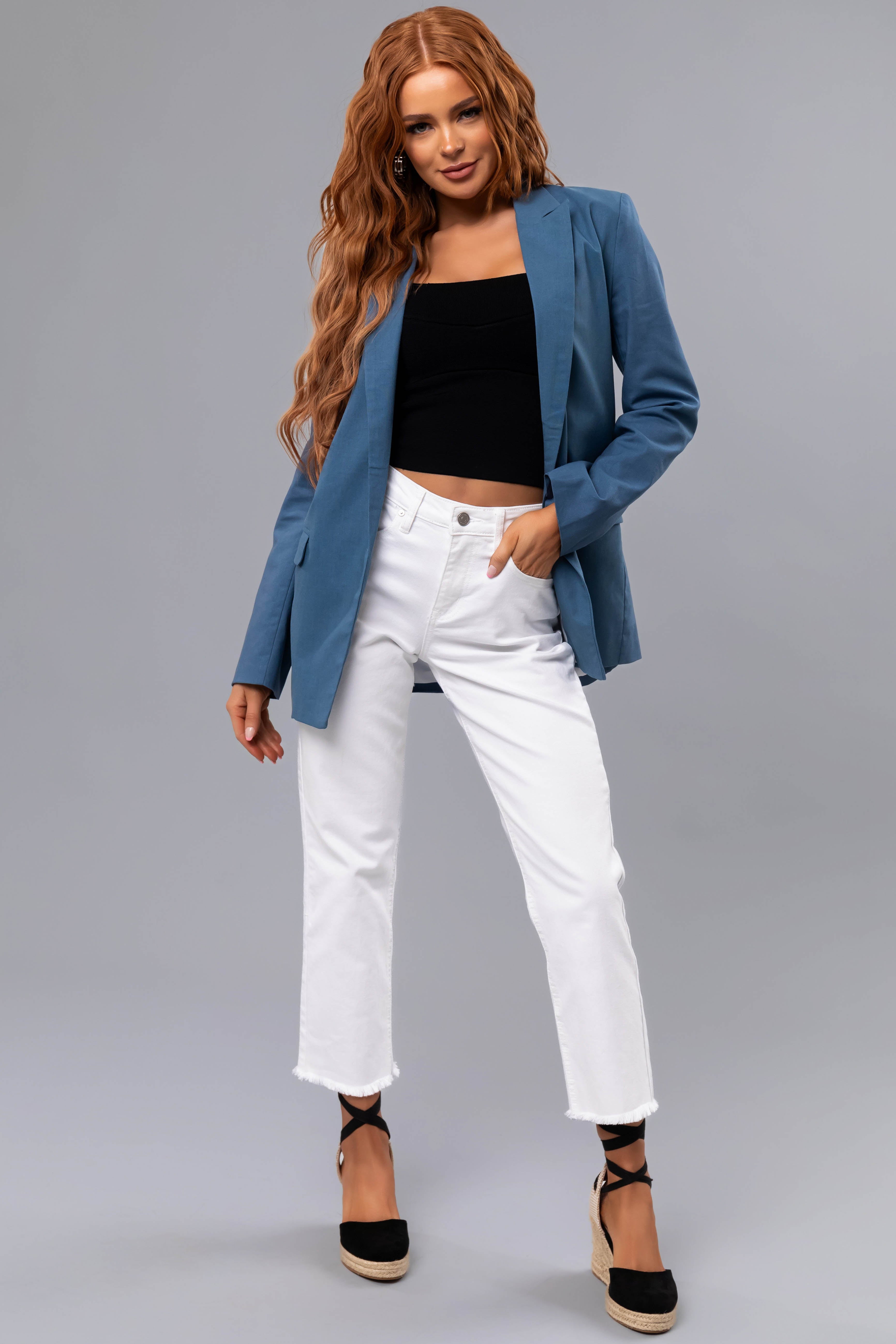 Steel Blue Open Front Linen Blazer