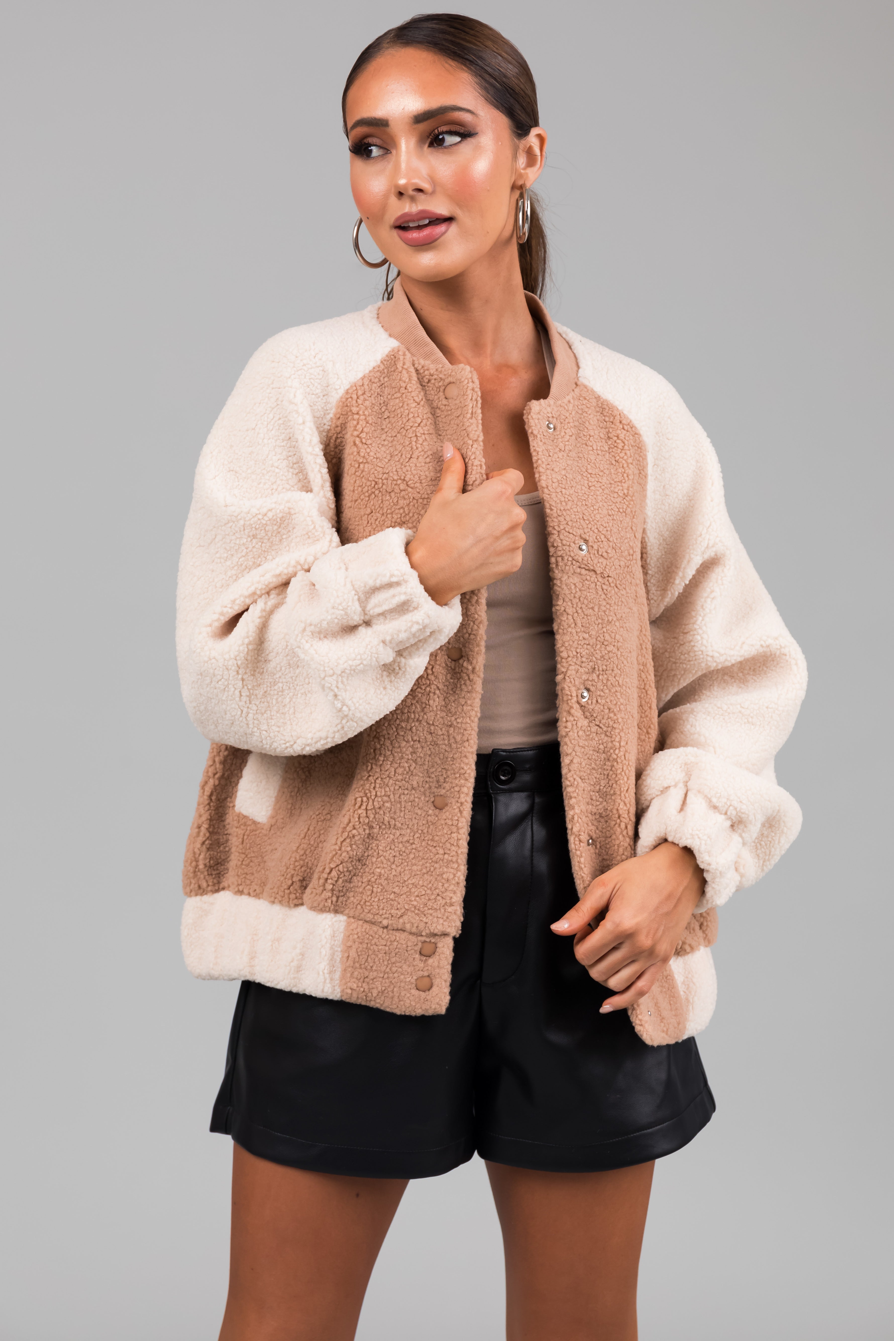 Latte and Cream Contrast Sherpa Bomber Jacket