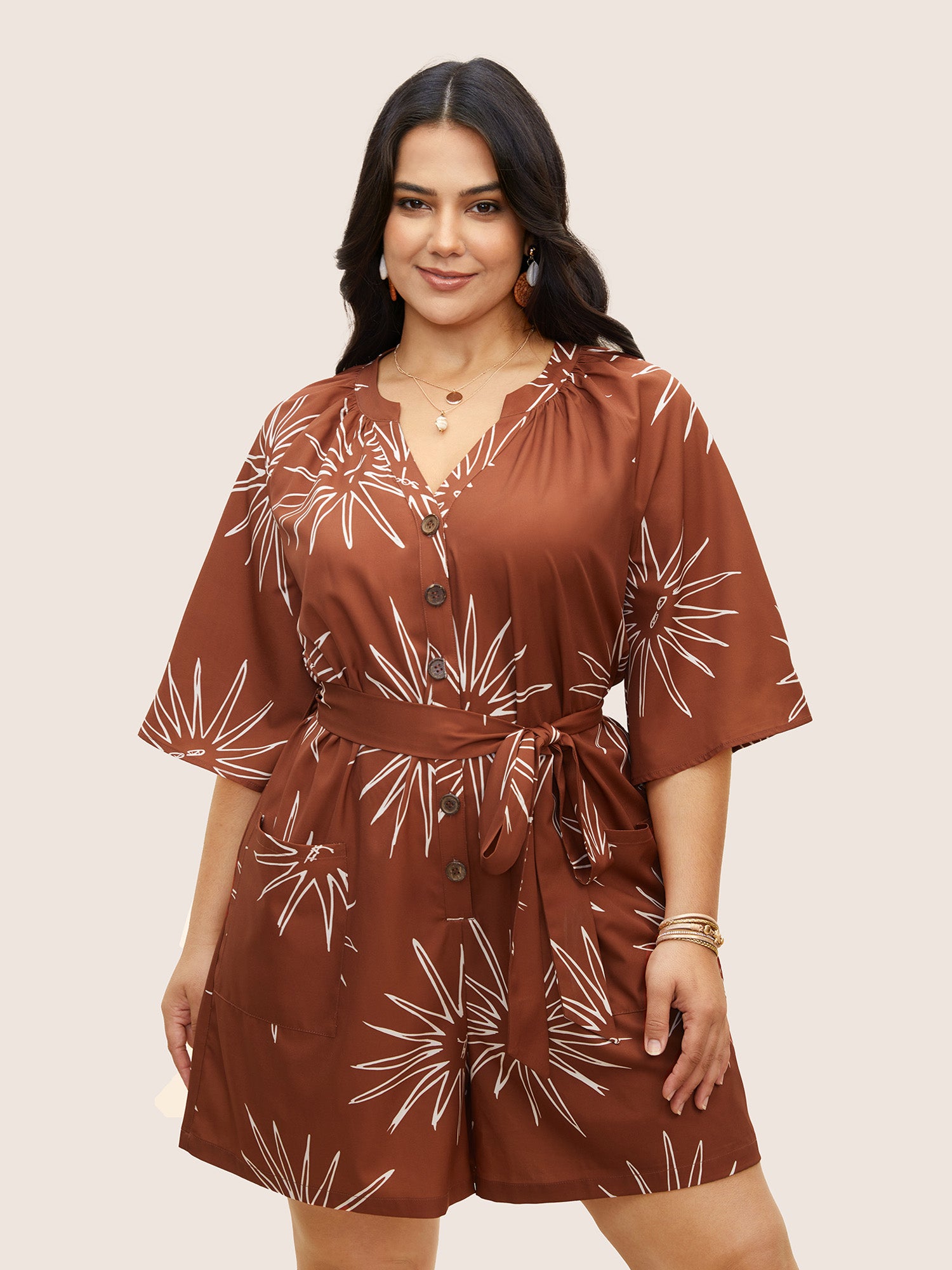 Sun Print Gathered Button Up Jumpsuit