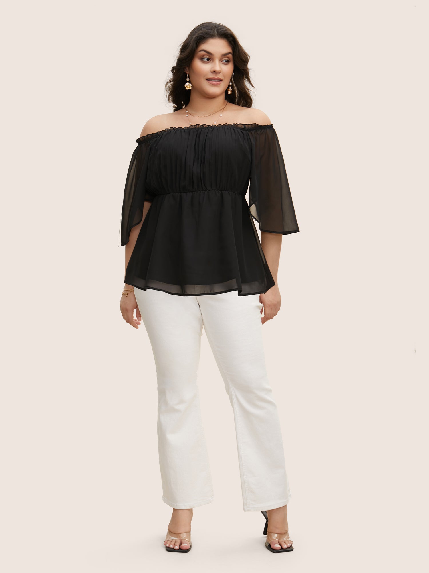 One Shoulder Neck Chiffon Ruffle Sleeve Blouse