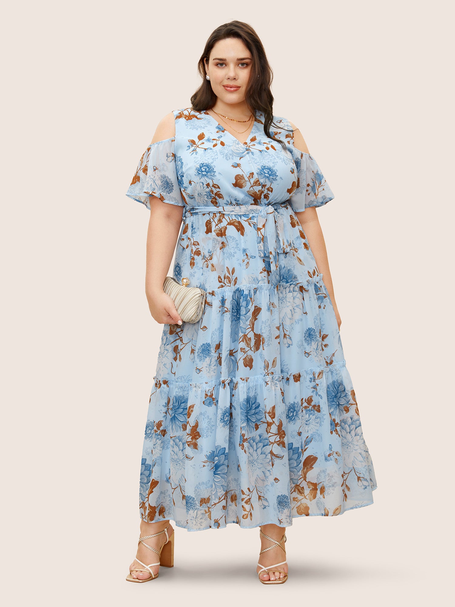 Floral Wrap Mesh Ruffle Sleeve Dress