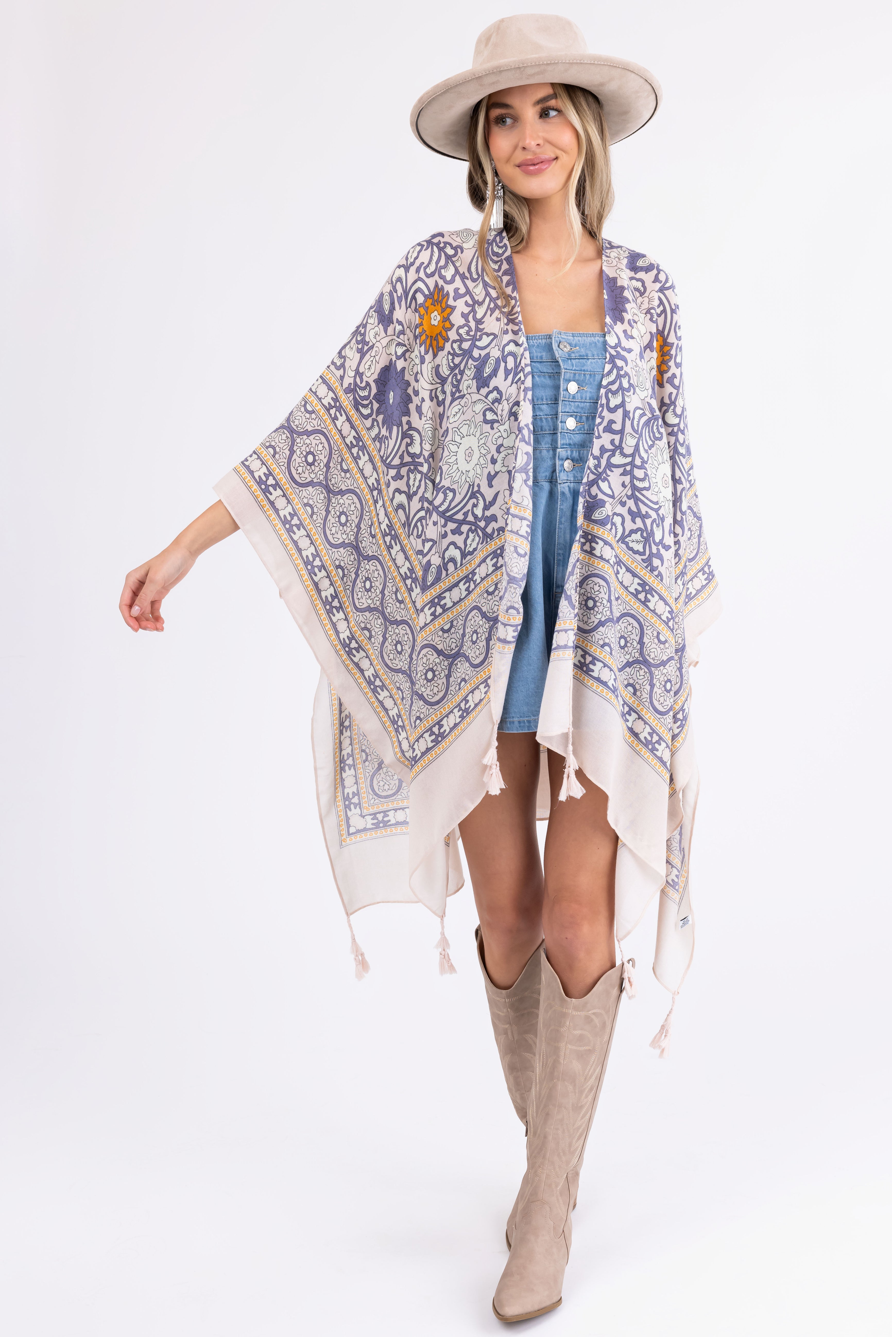 Coconut Abstract Print Tassel Kimono