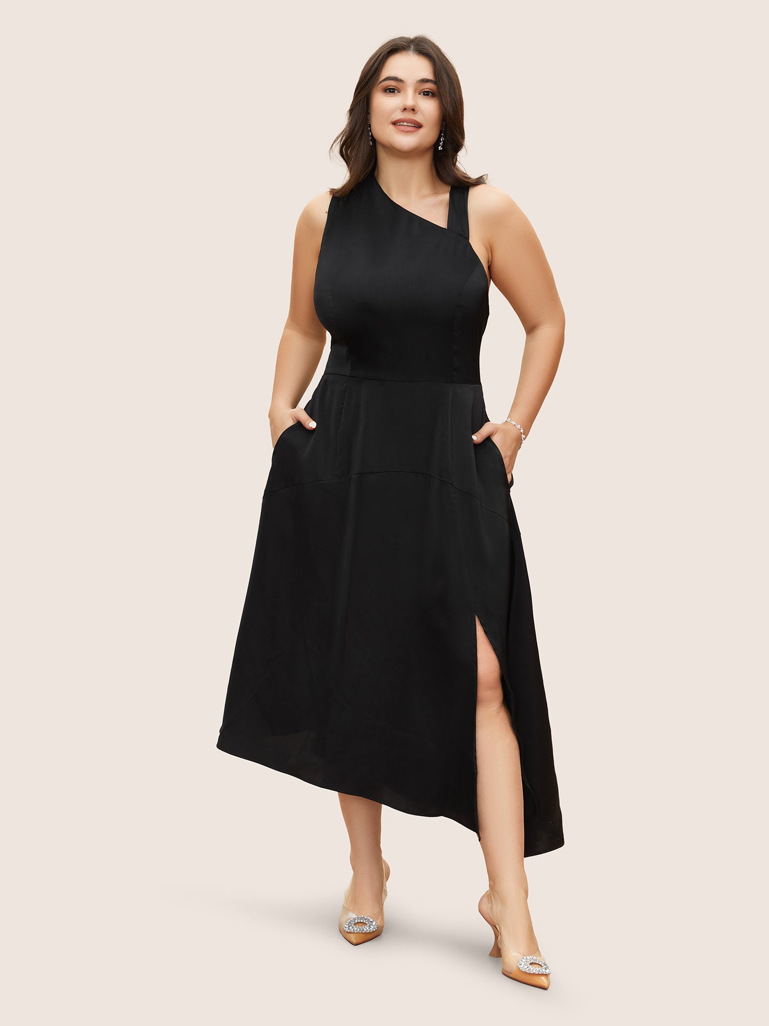 Solid Asymmetrical Neck Split Hem Dress