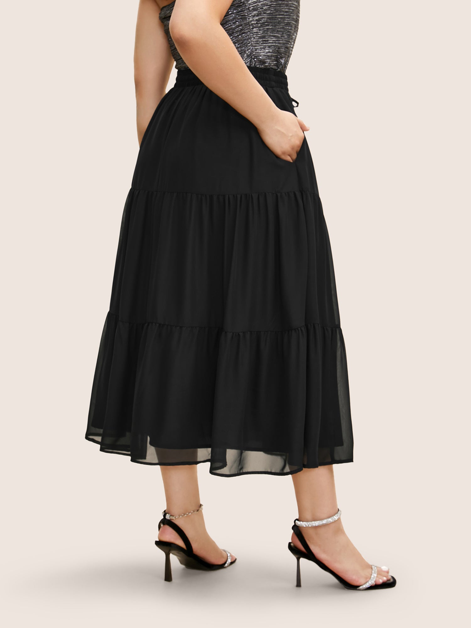 Solid Tie Knot Elastic Waist Mesh Skirt