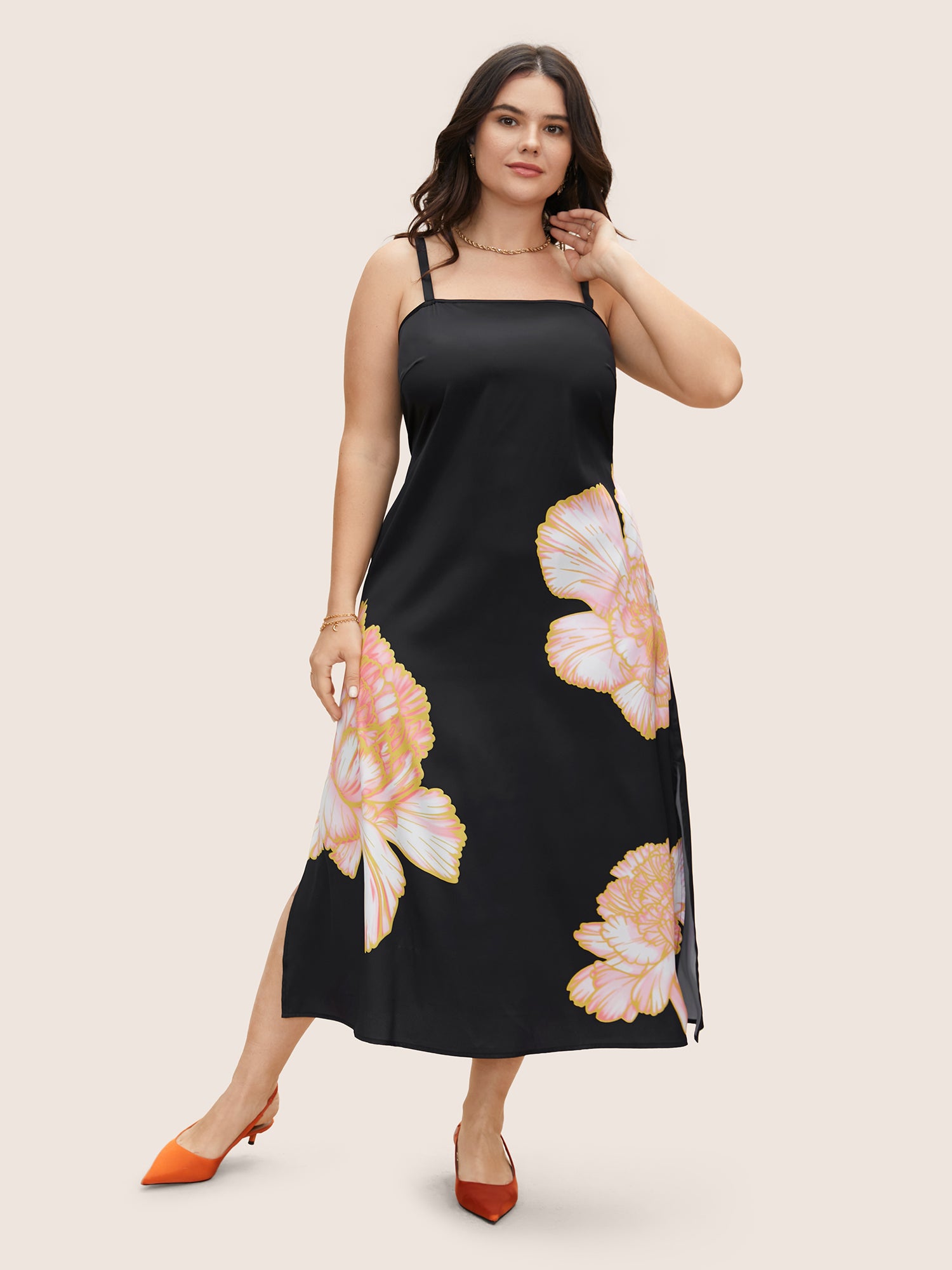 Square Neck Carnation Print Split Hem Dress