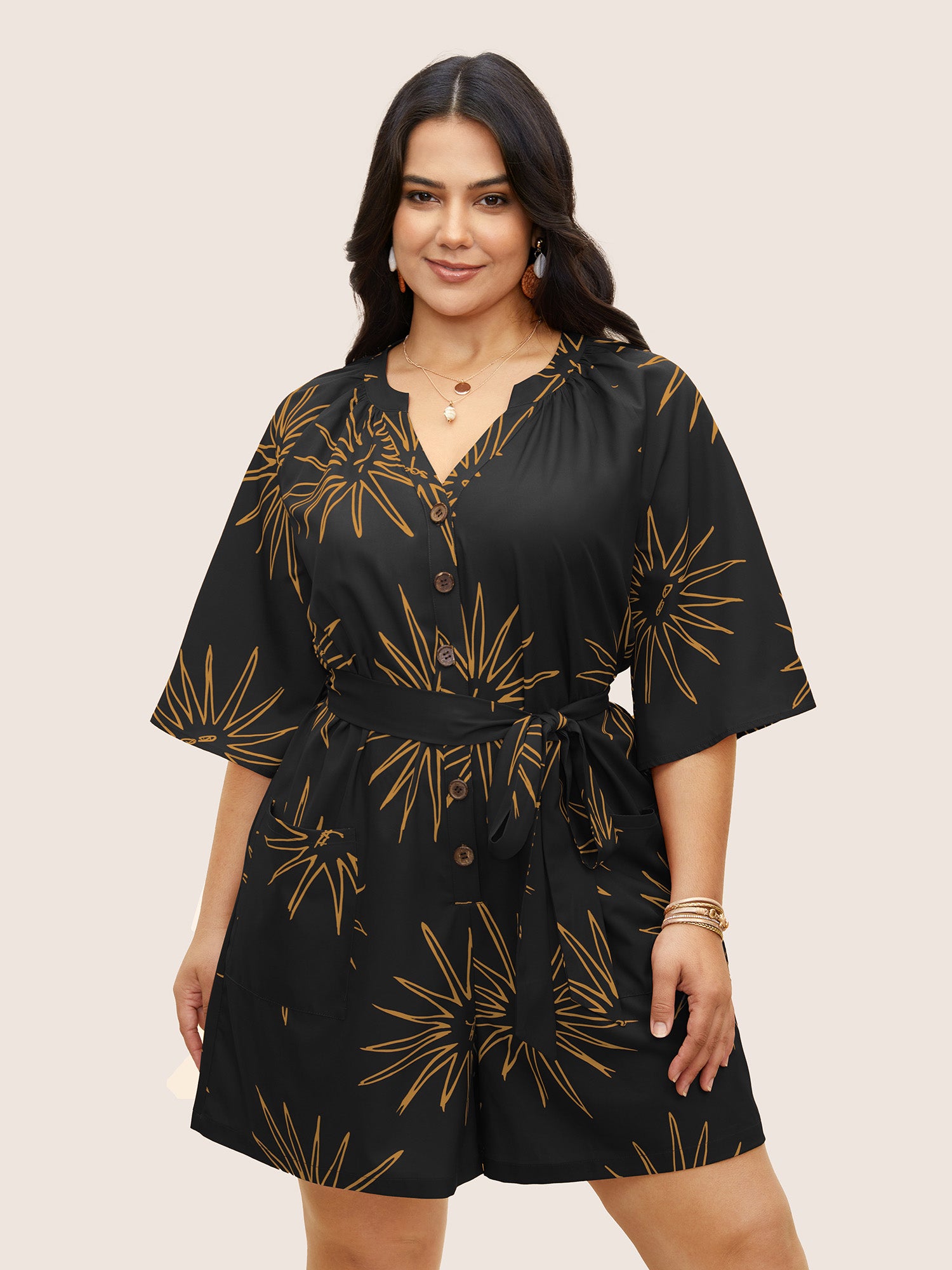 Sun Print Gathered Button Up Jumpsuit