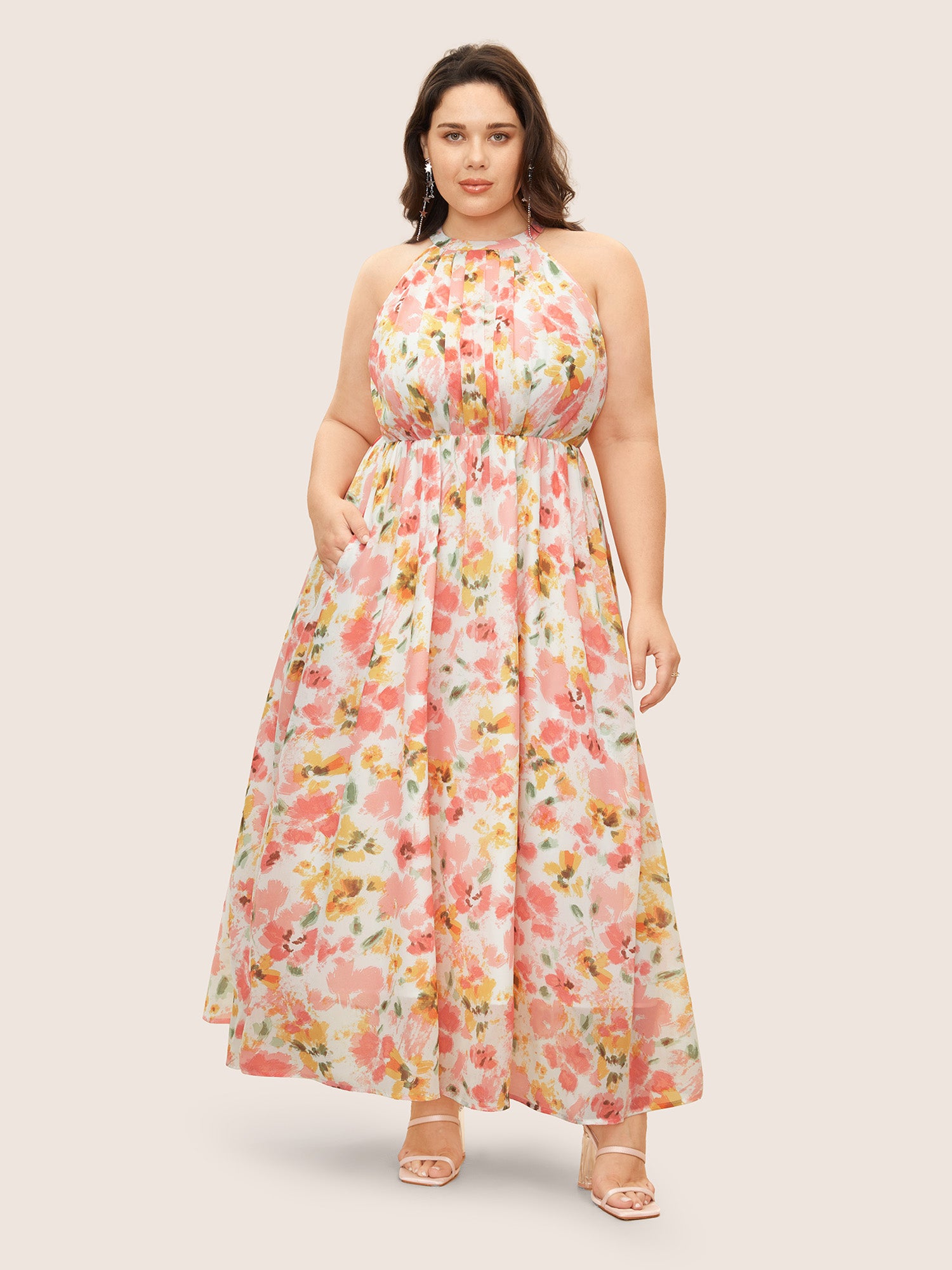 Halter Neck Floral Pleated Pocket Dress