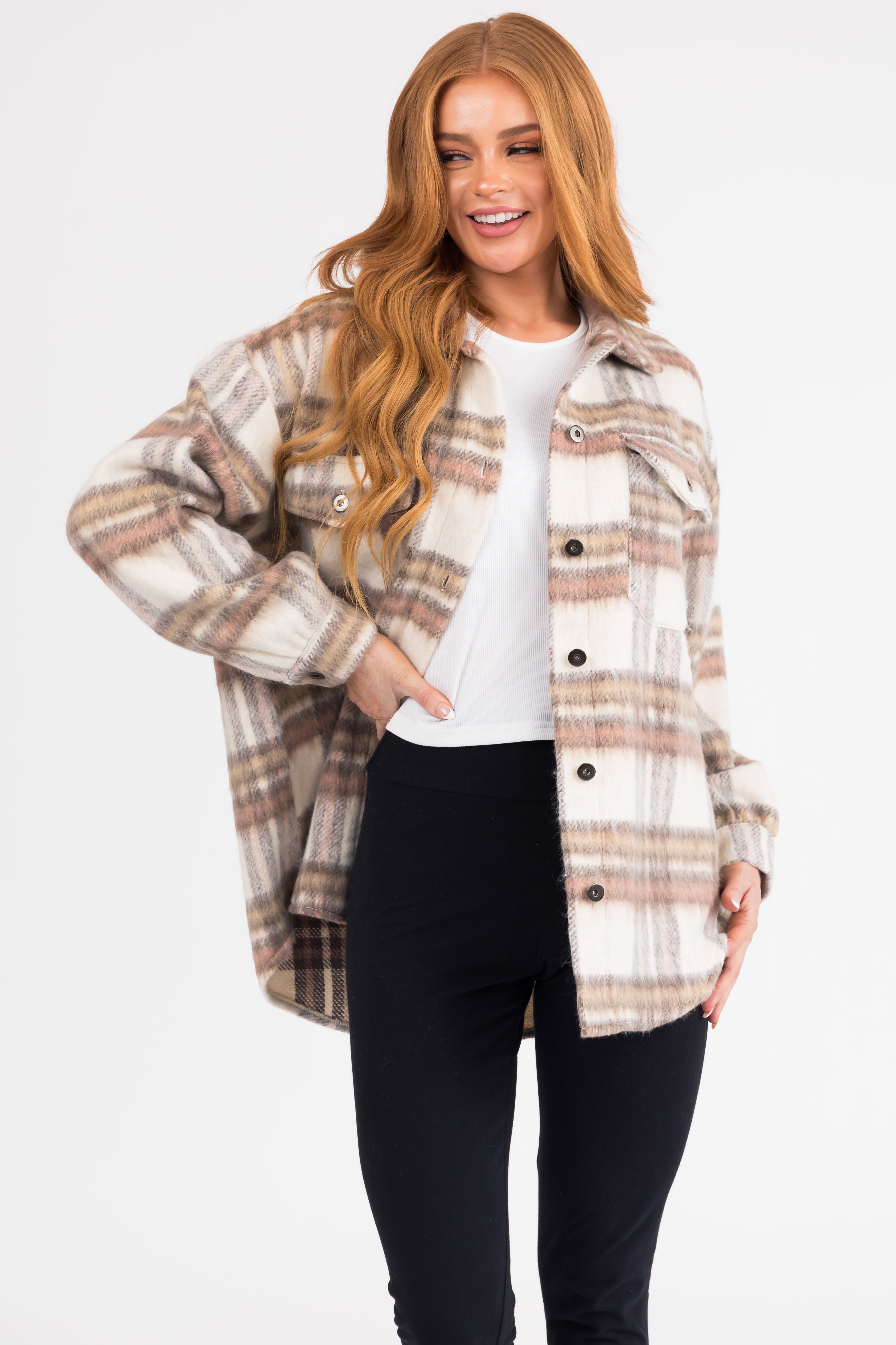 She+Sky Ivory Plaid Long Sleeve Button Down Shacket